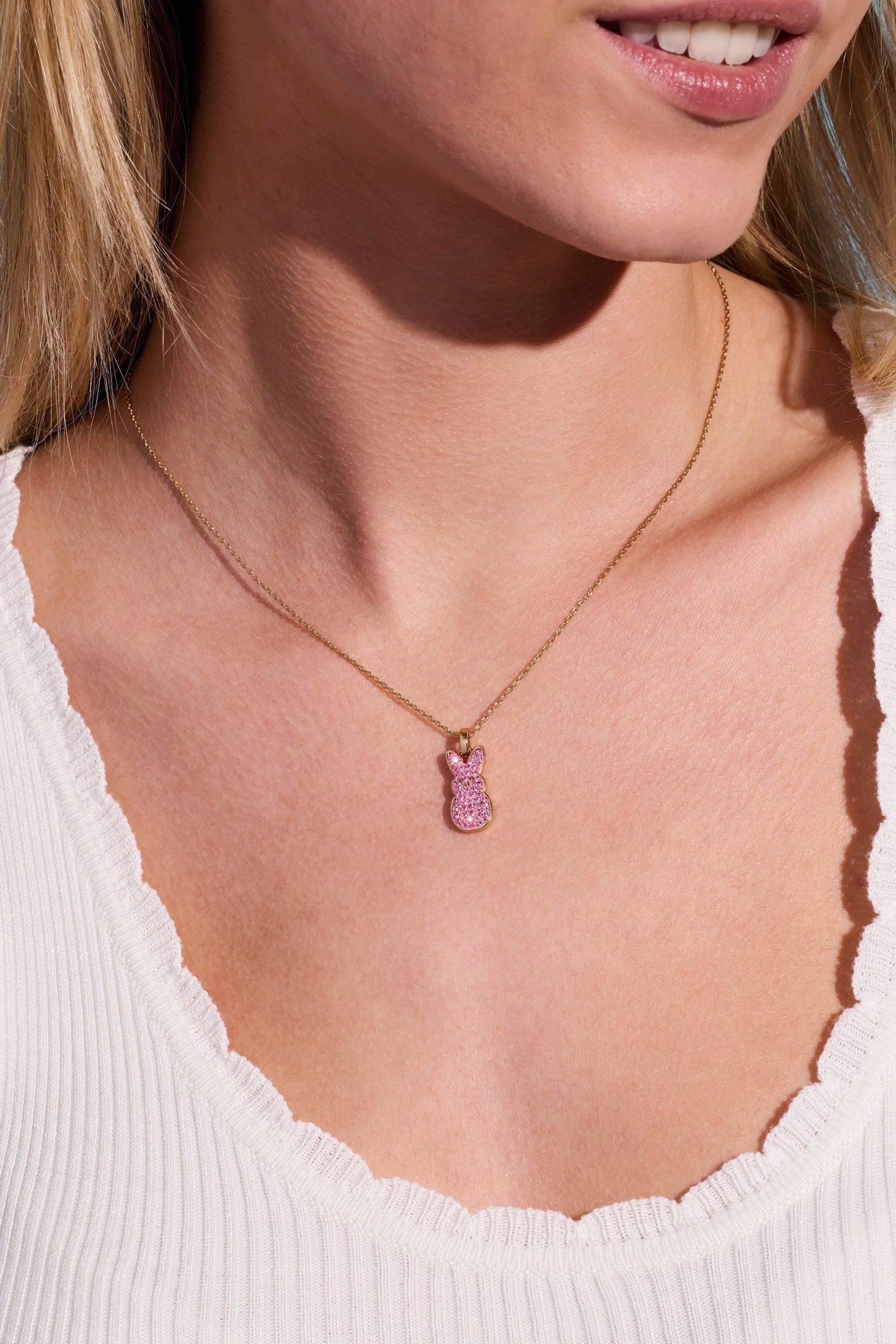 PEEPS® Pink Crystal Bunny Pendant Necklace Gold