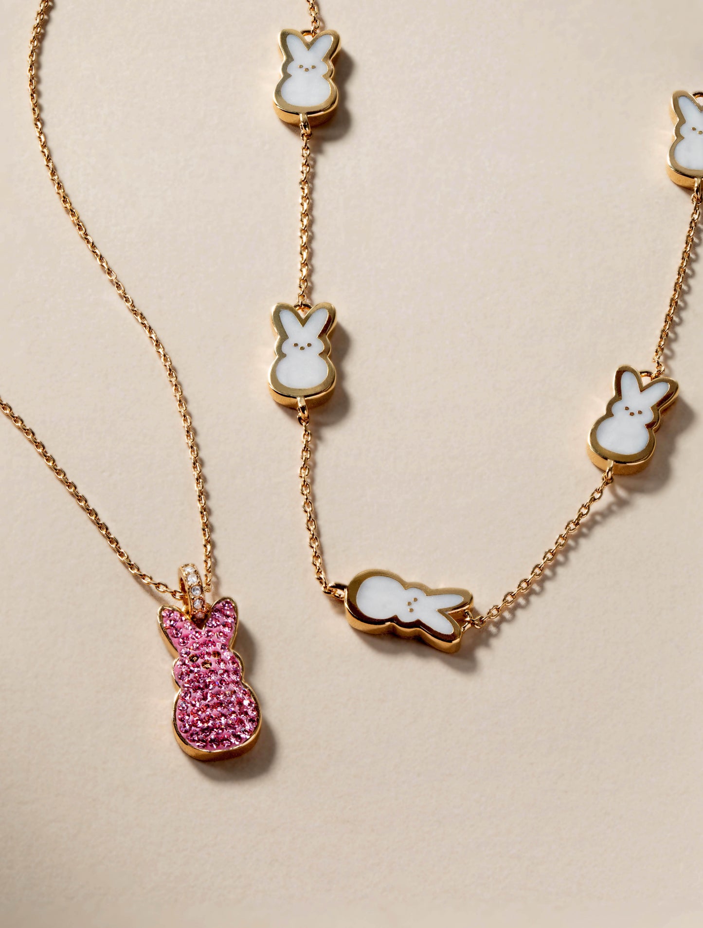 PEEPS® Pink Crystal Bunny Pendant Necklace Gold