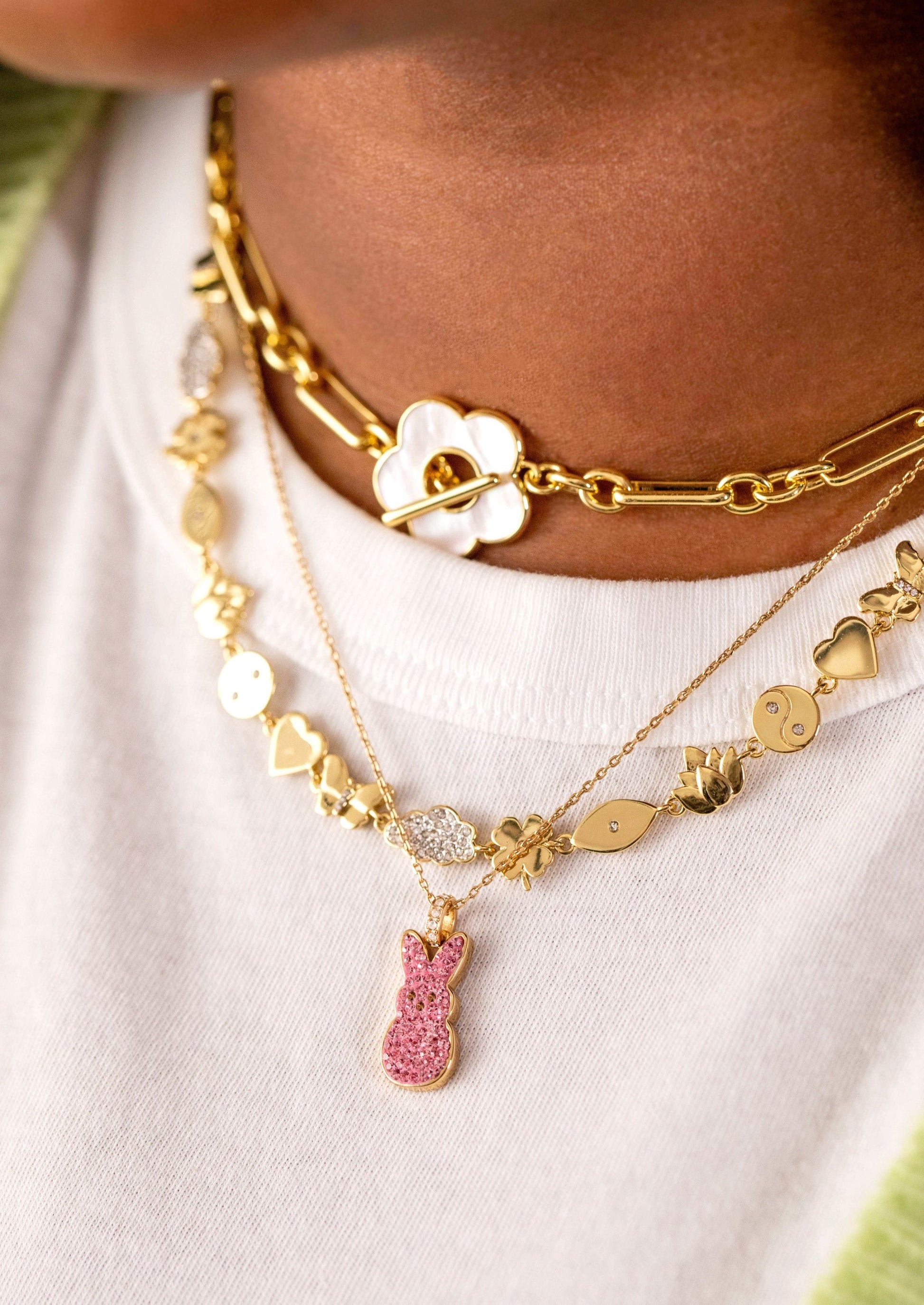 PEEPS® Pink Crystal Bunny Pendant Necklace Gold