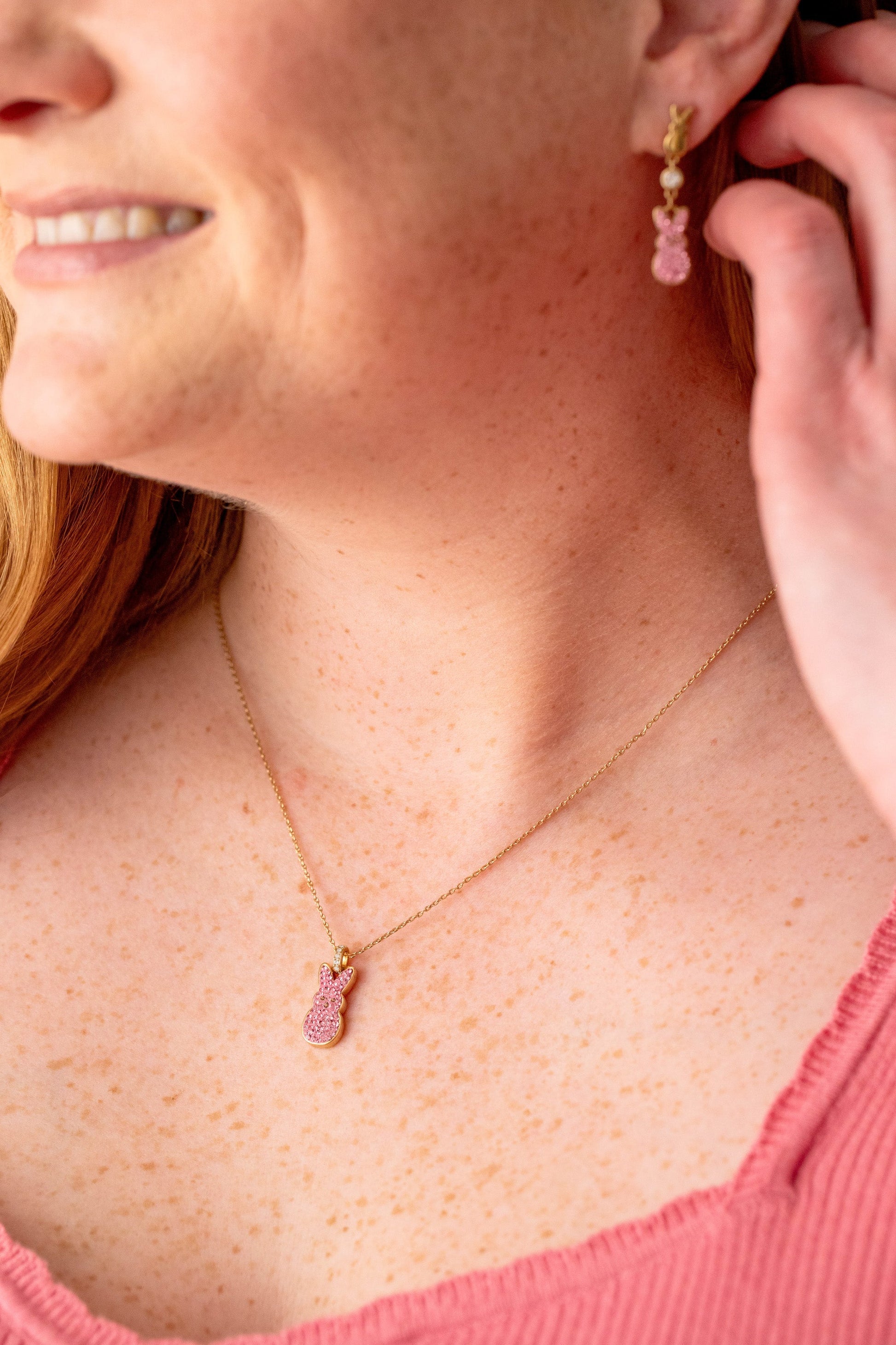 PEEPS® Pink Crystal Bunny Pendant Necklace Gold