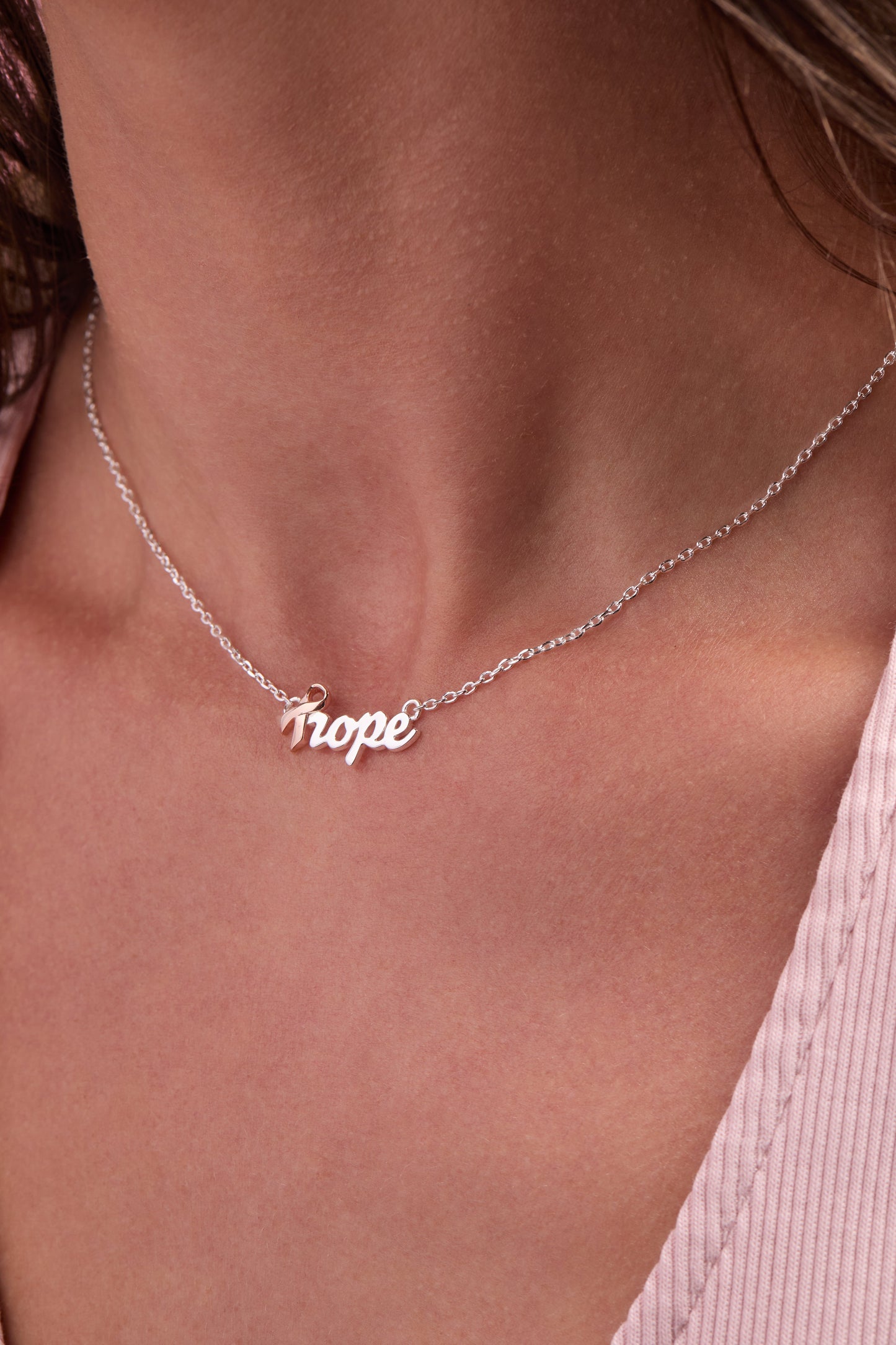 Hope Breast Cancer Awareness Pink Ribbon Hope Necklace Two Tone