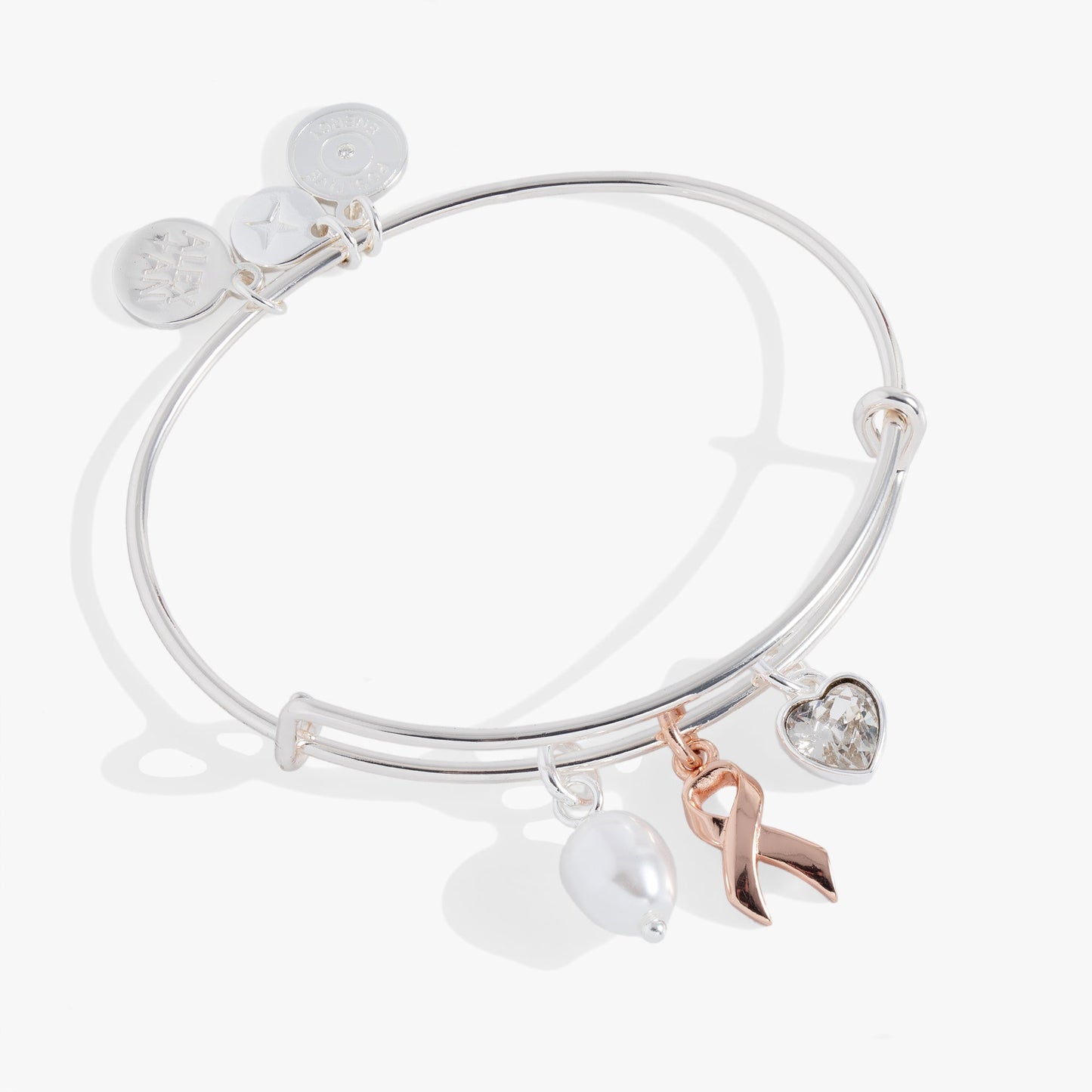 Breast Cancer Awareness Pink Ribbon Triple Charm Bangle Two Tone