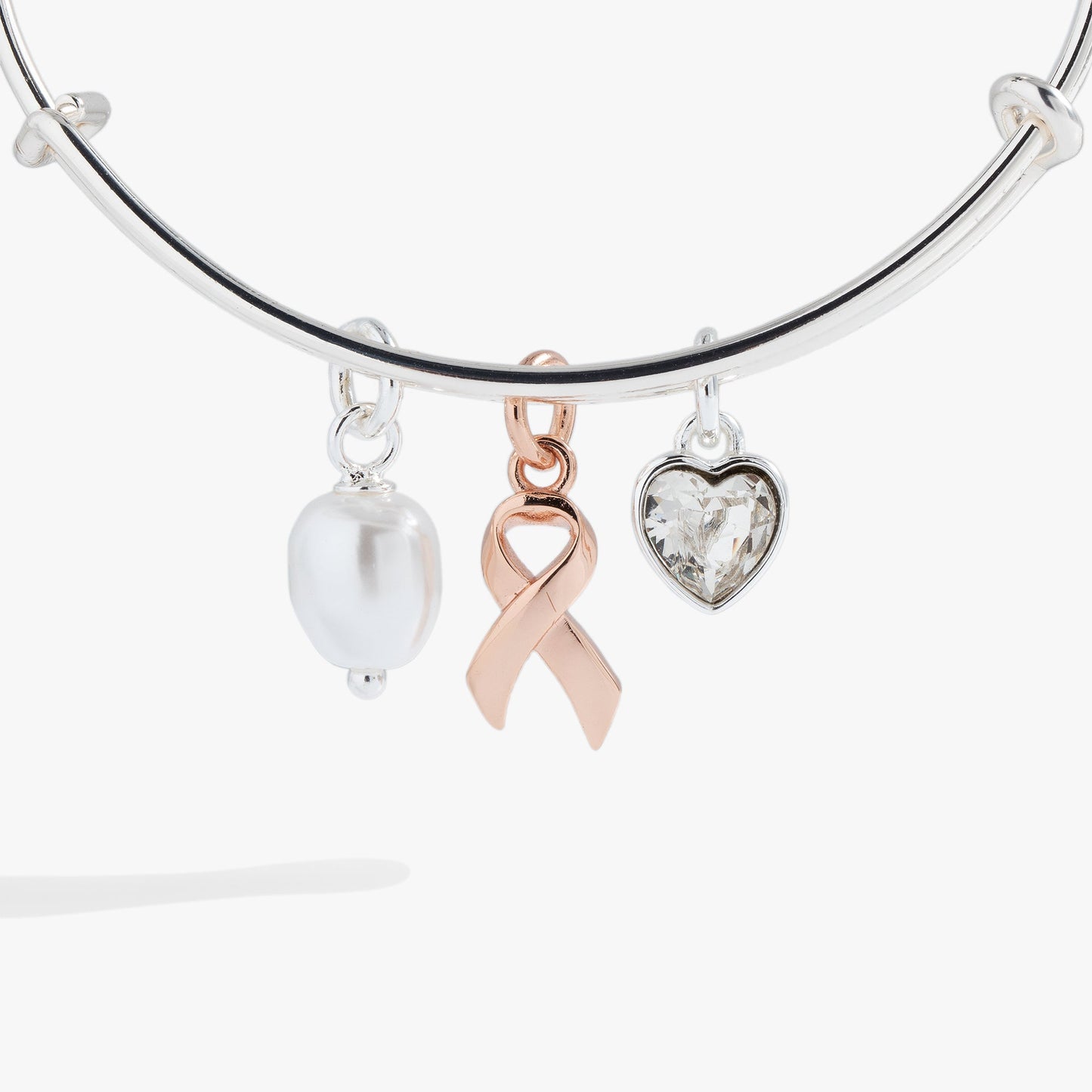 Breast Cancer Awareness Pink Ribbon Triple Charm Bangle Two Tone
