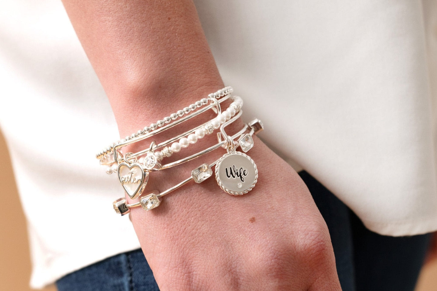 Sister Mother of Pearl Bangle Silver