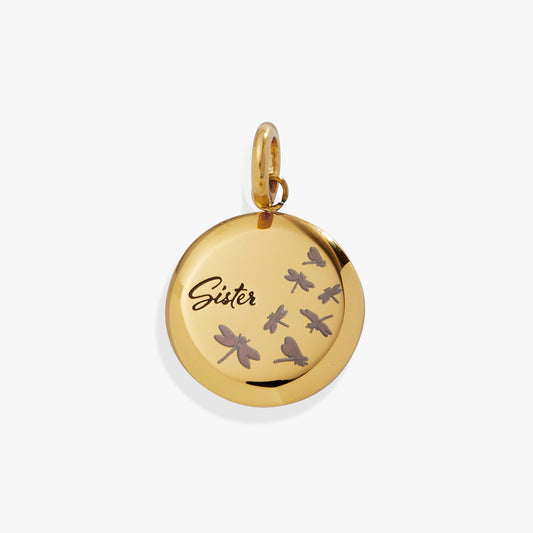 Sister Dragonfly Disc Charm Stainless Steel Gold