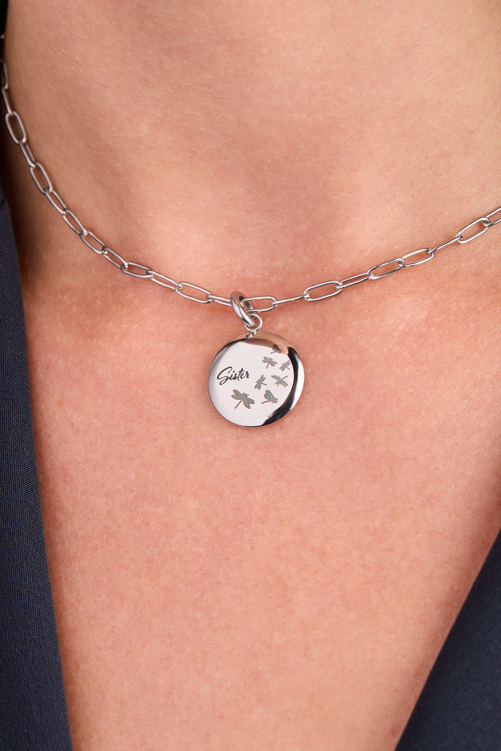 Sister Dragonfly Disc Charm Stainless Steel Gold