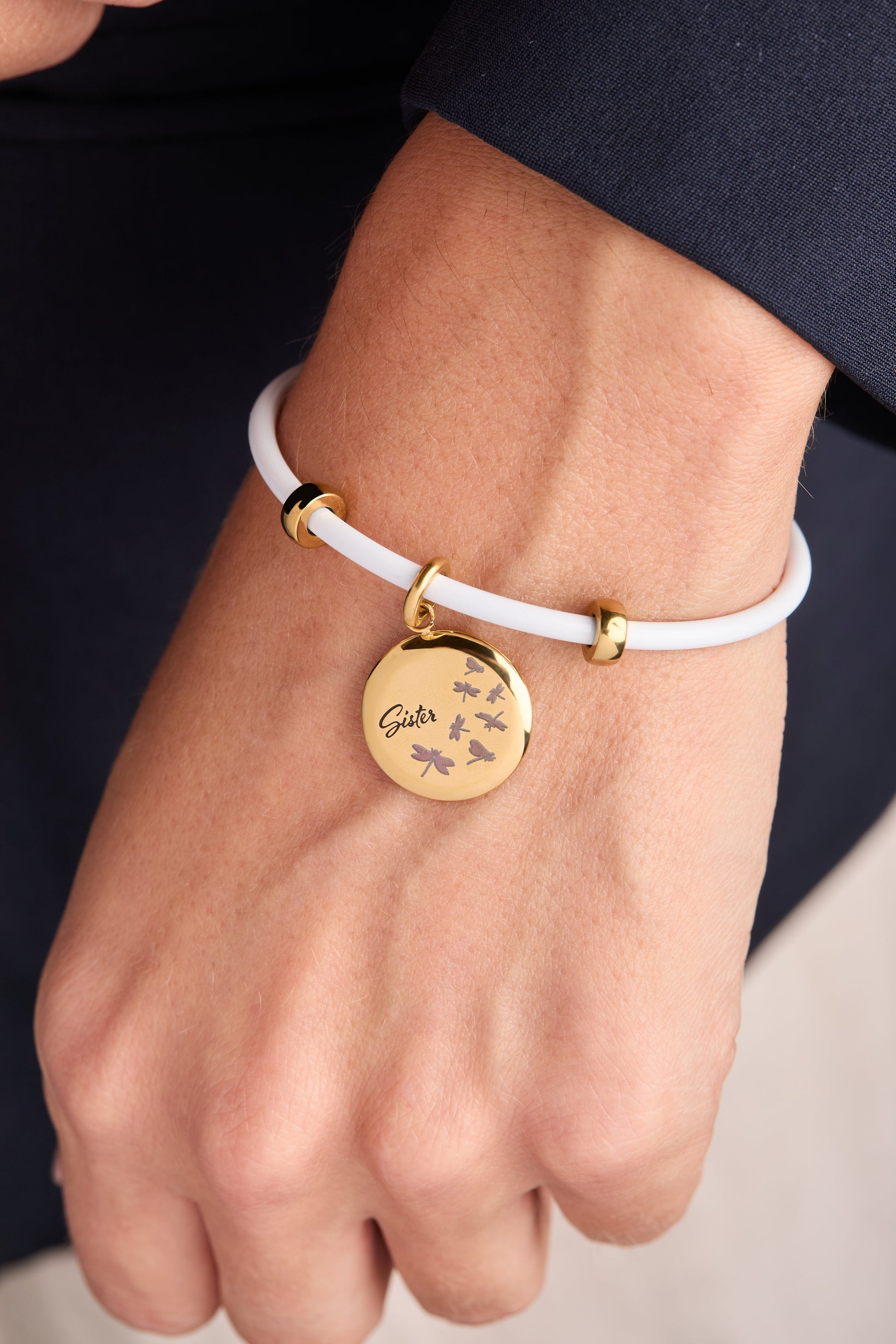 Sister Dragonfly Disc Charm Stainless Steel Gold