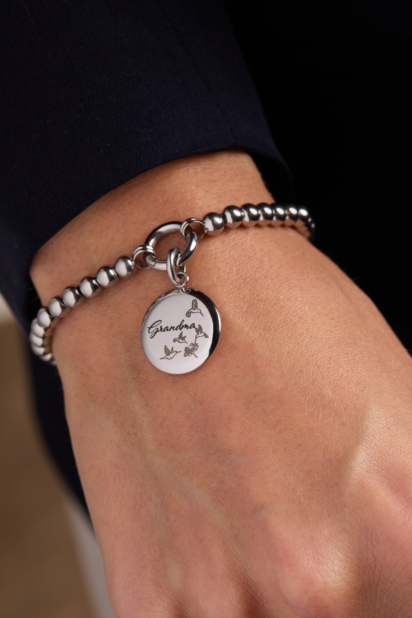 Grandma Hummingbird Disc Charm Stainless Steel Gold