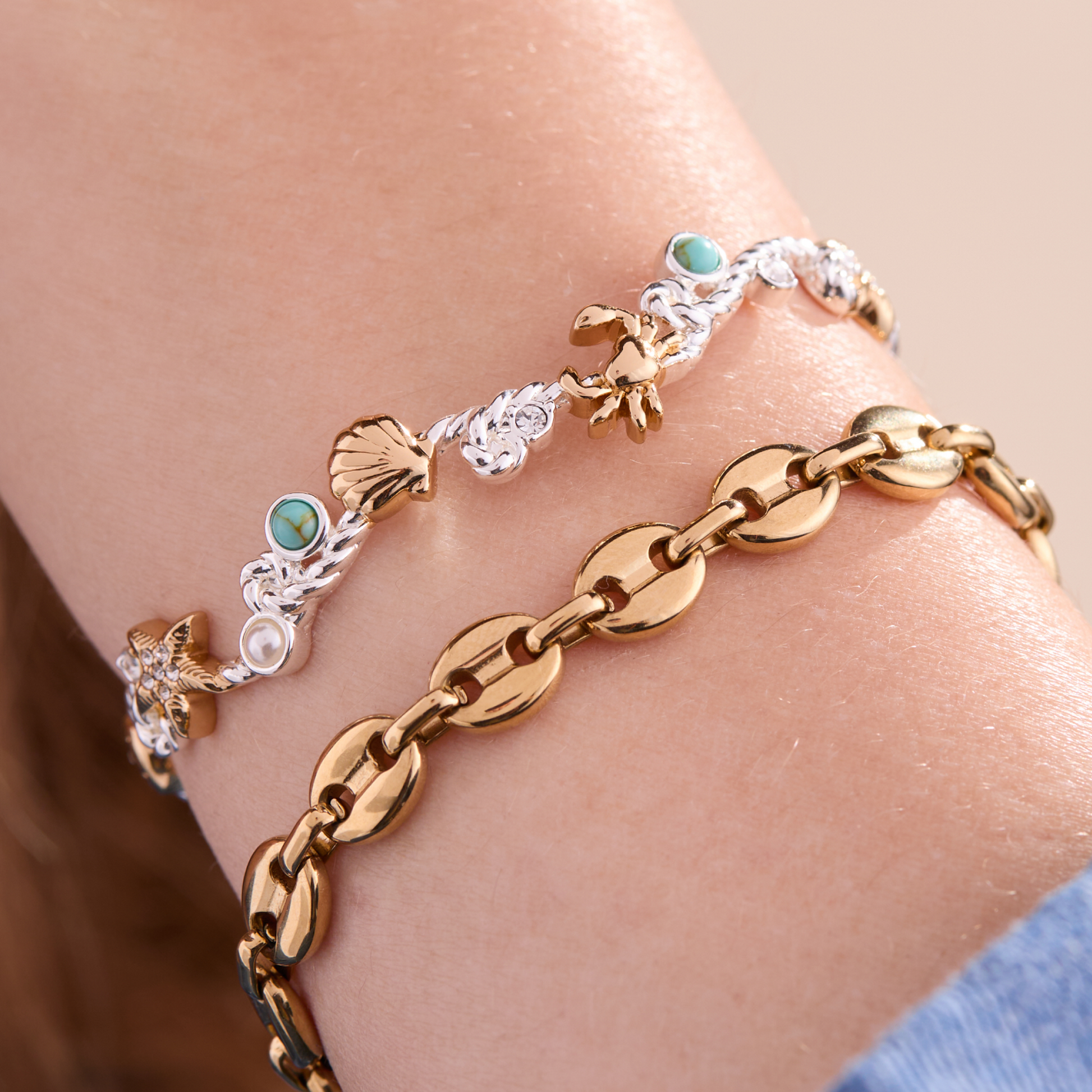 Whimsical Seaside Rope Cuff Two Tone - Stainless Steel