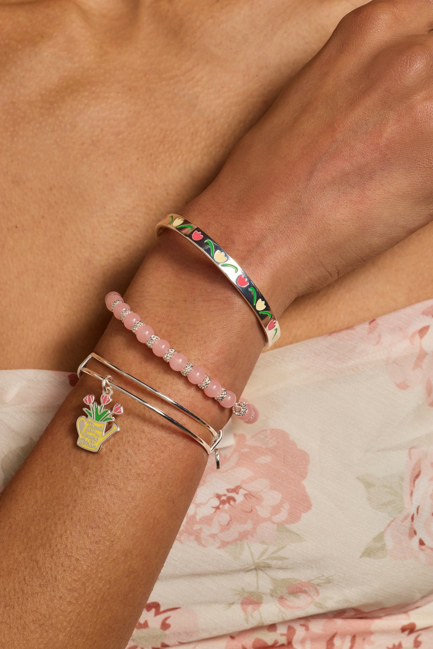 Cherry Quartz Beaded Charm Bangle Silver