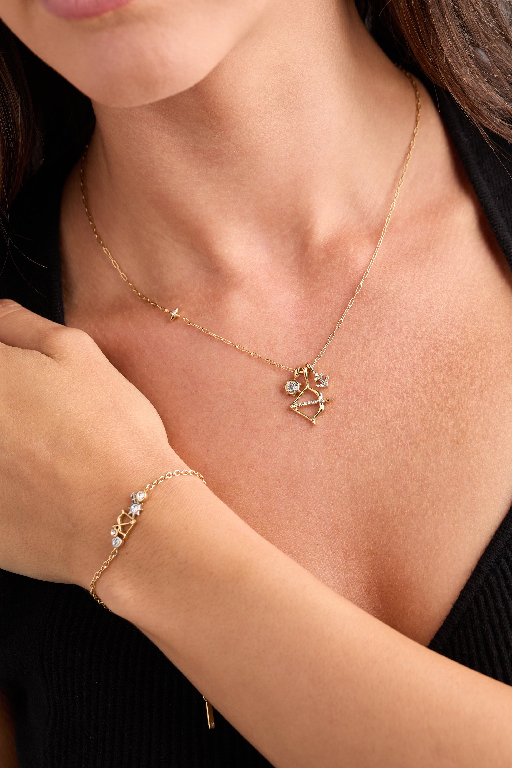 Sagittarius Charm Cluster Necklace Stainless Steel Gold
