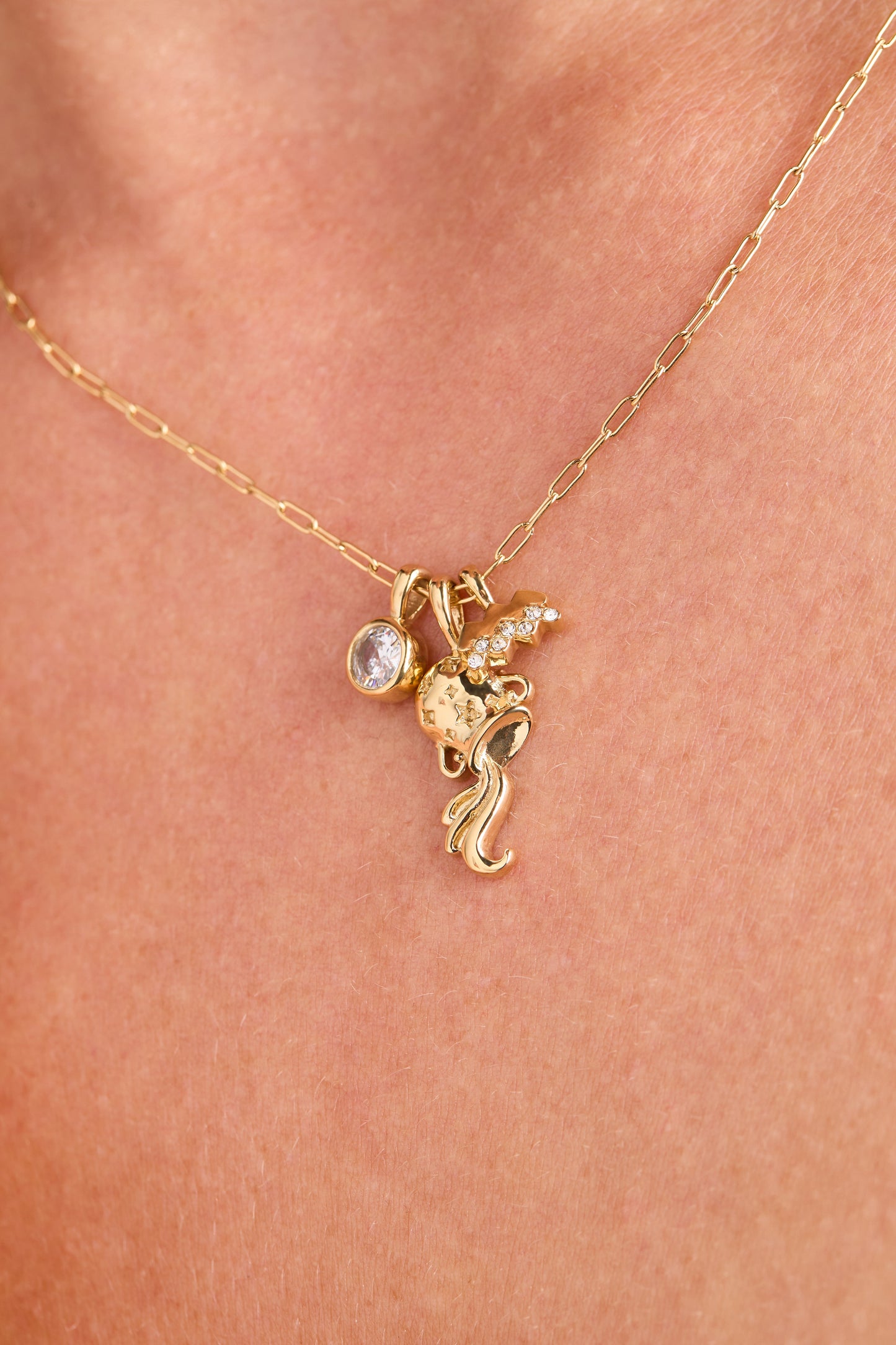 Aquarius Charm Cluster Necklace Stainless Steel Gold