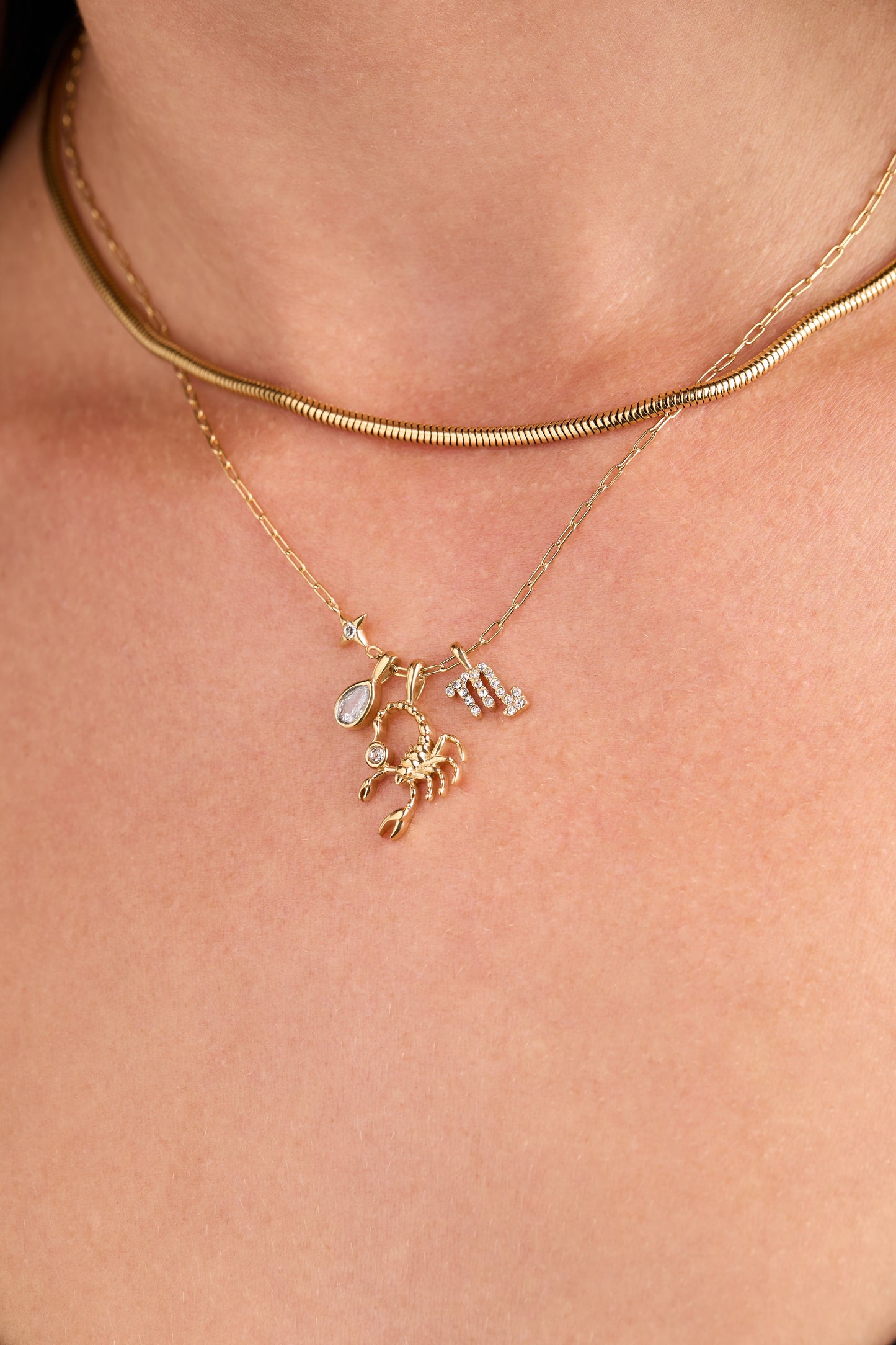 Scorpio Charm Cluster Necklace Stainless Steel Gold
