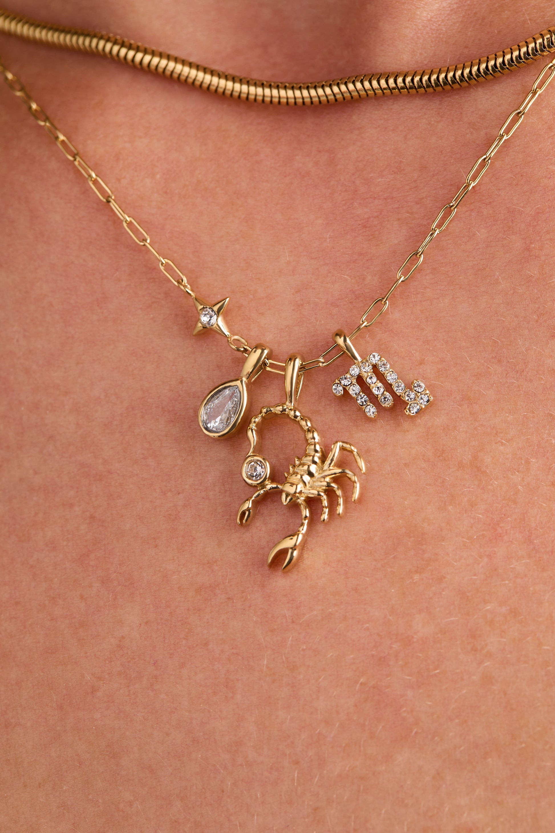 Scorpio Charm Cluster Necklace Stainless Steel Gold
