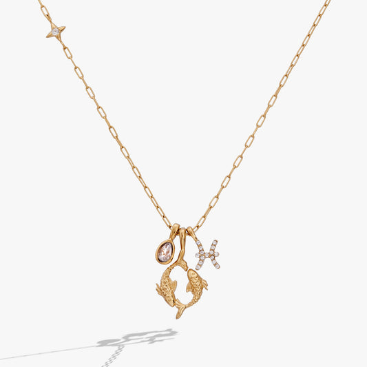 Pisces Charm Cluster Necklace Stainless Steel Gold
