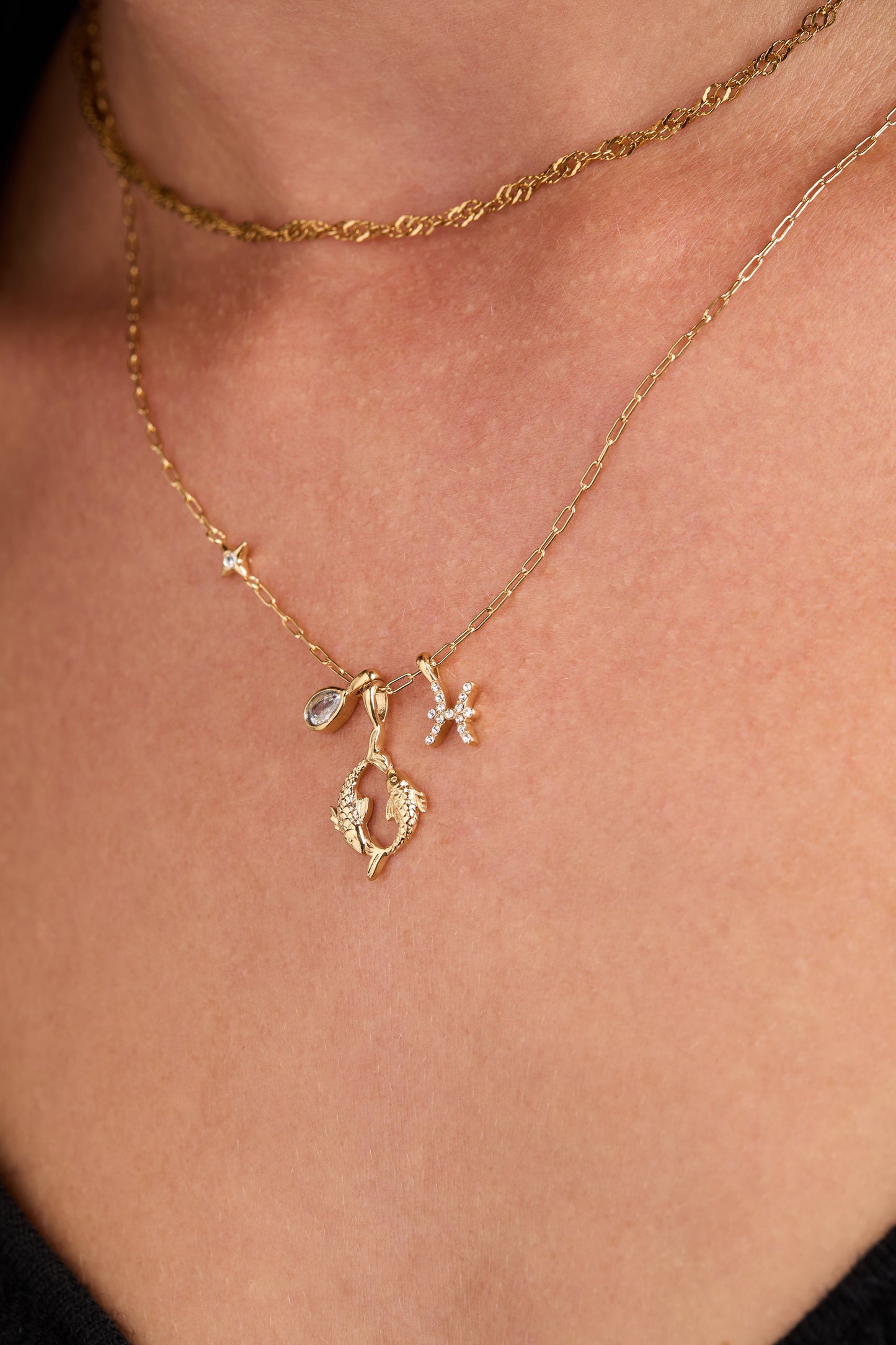 Pisces Charm Cluster Necklace Stainless Steel Gold