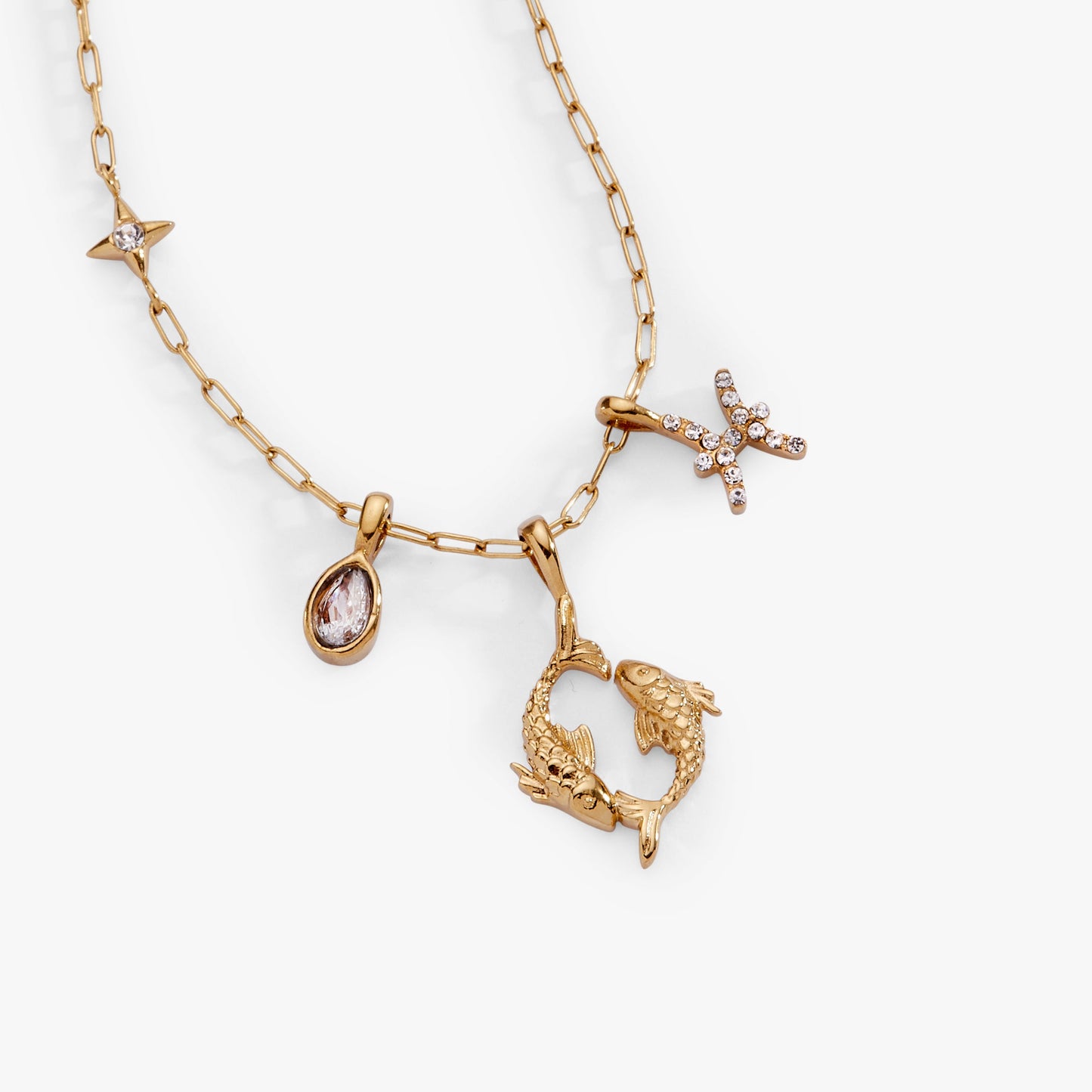 Pisces Charm Cluster Necklace Stainless Steel Gold