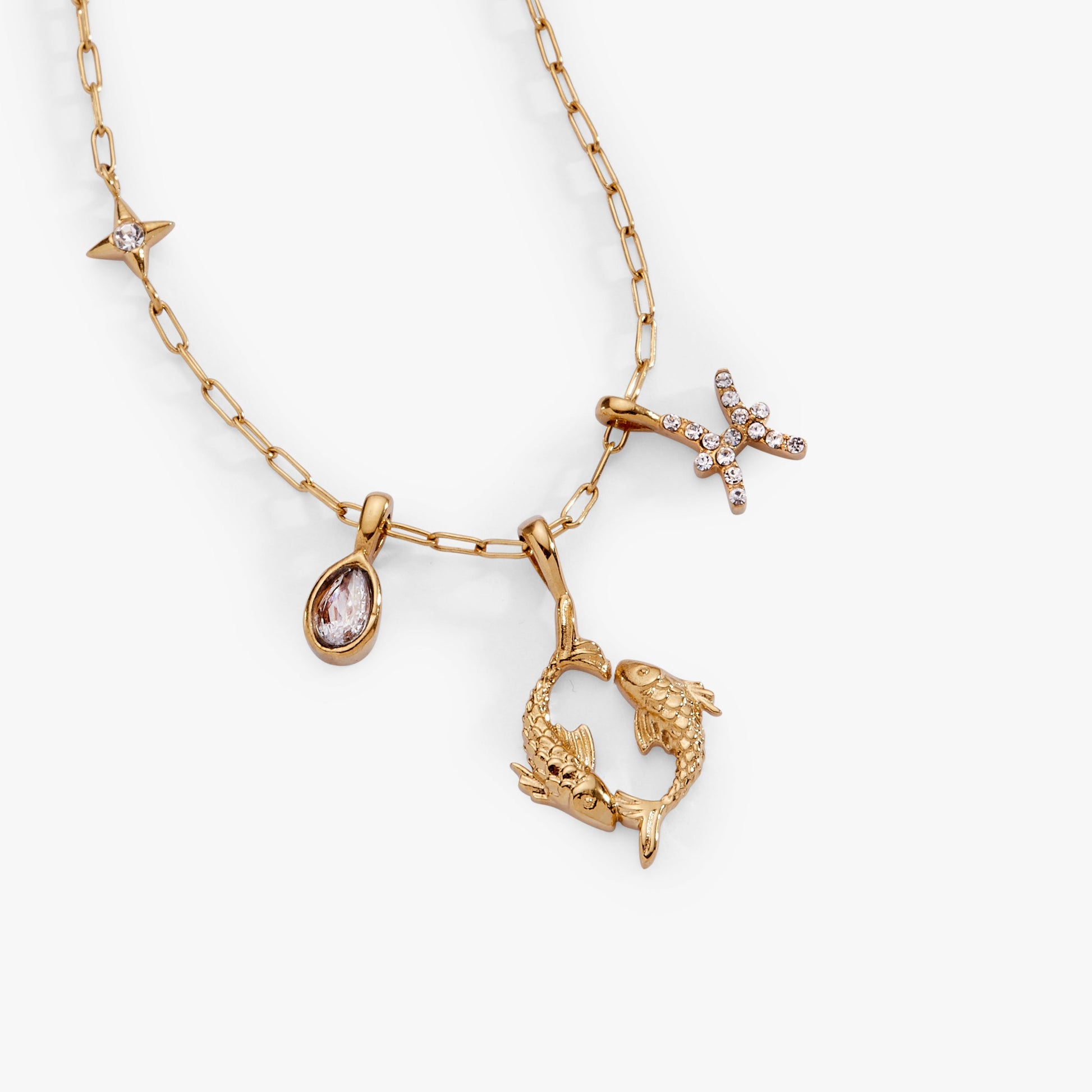 Pisces Charm Cluster Necklace Stainless Steel Gold