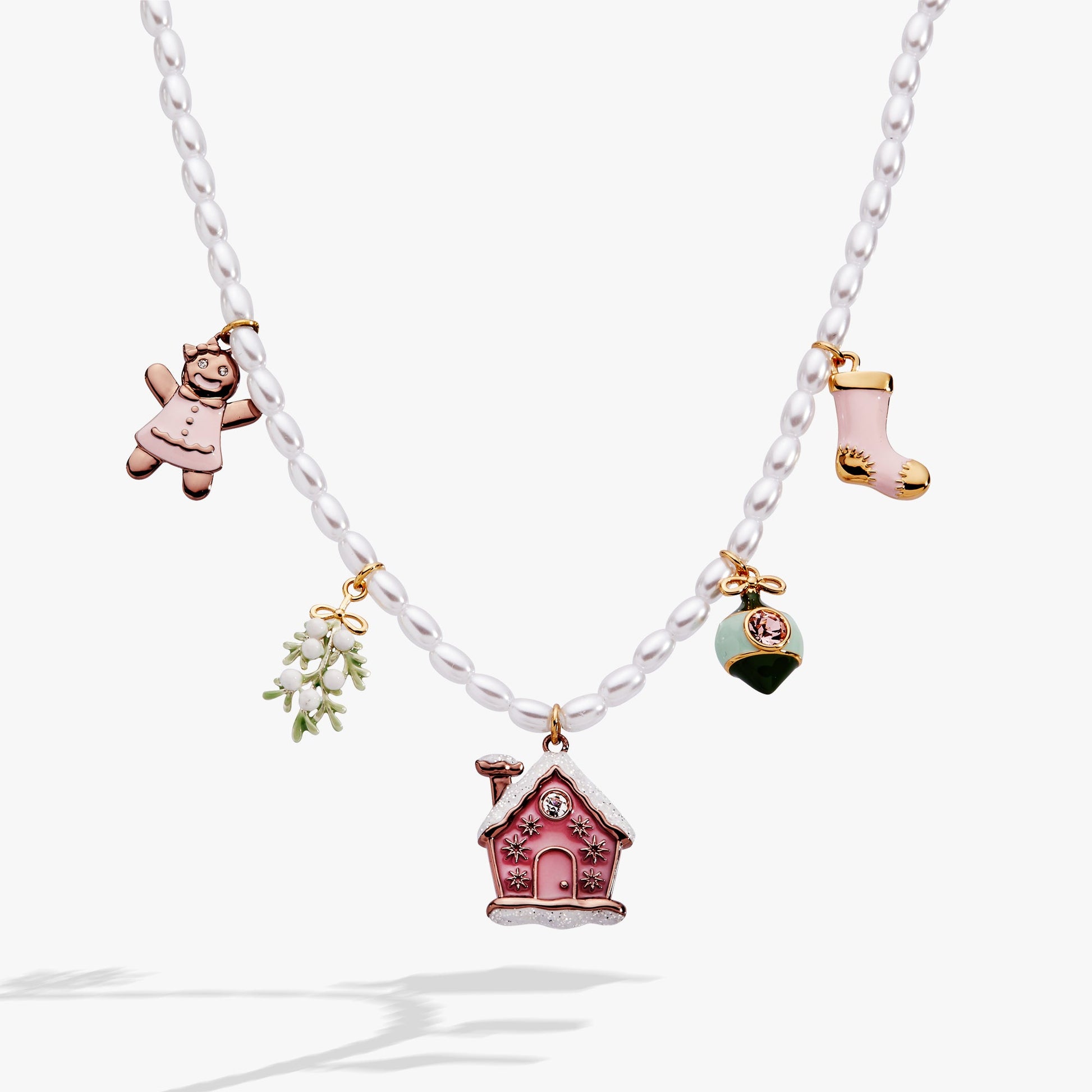 Pink Christmas Beaded Charm Necklace Gold