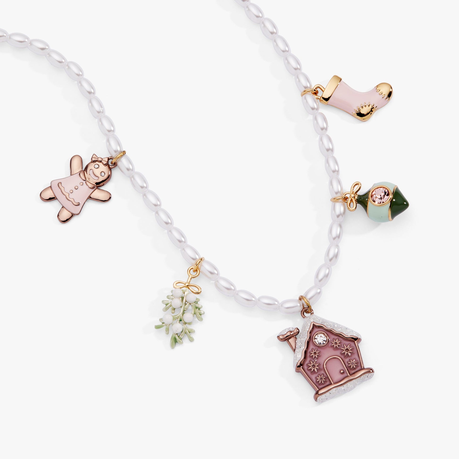 Pink Christmas Beaded Charm Necklace Gold