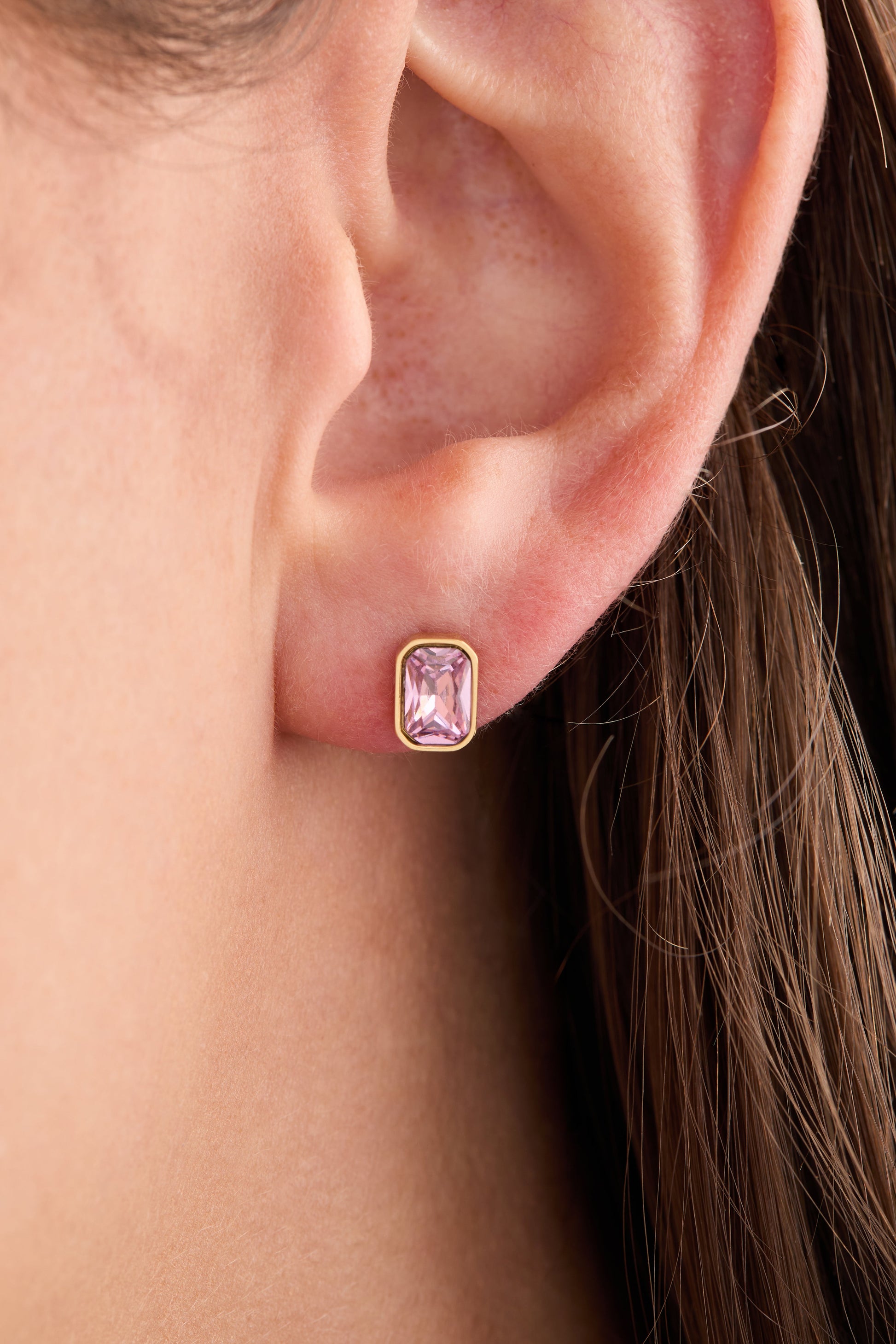 October Emerald-Cut Birthstone Stud Stainless Steel Gold
