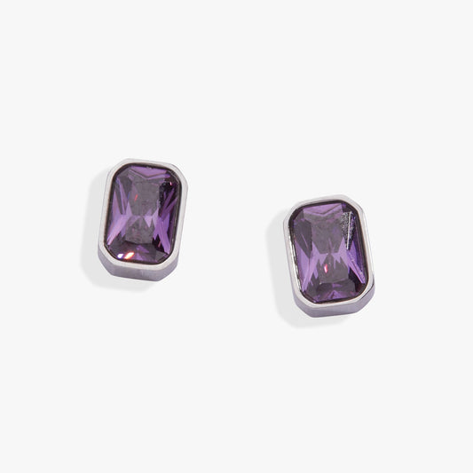 February Emerald-Cut Birthstone Stud Stainless Steel Silver