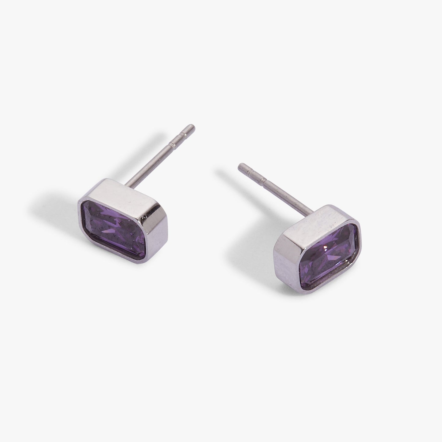 February Emerald-Cut Birthstone Stud Stainless Steel Silver
