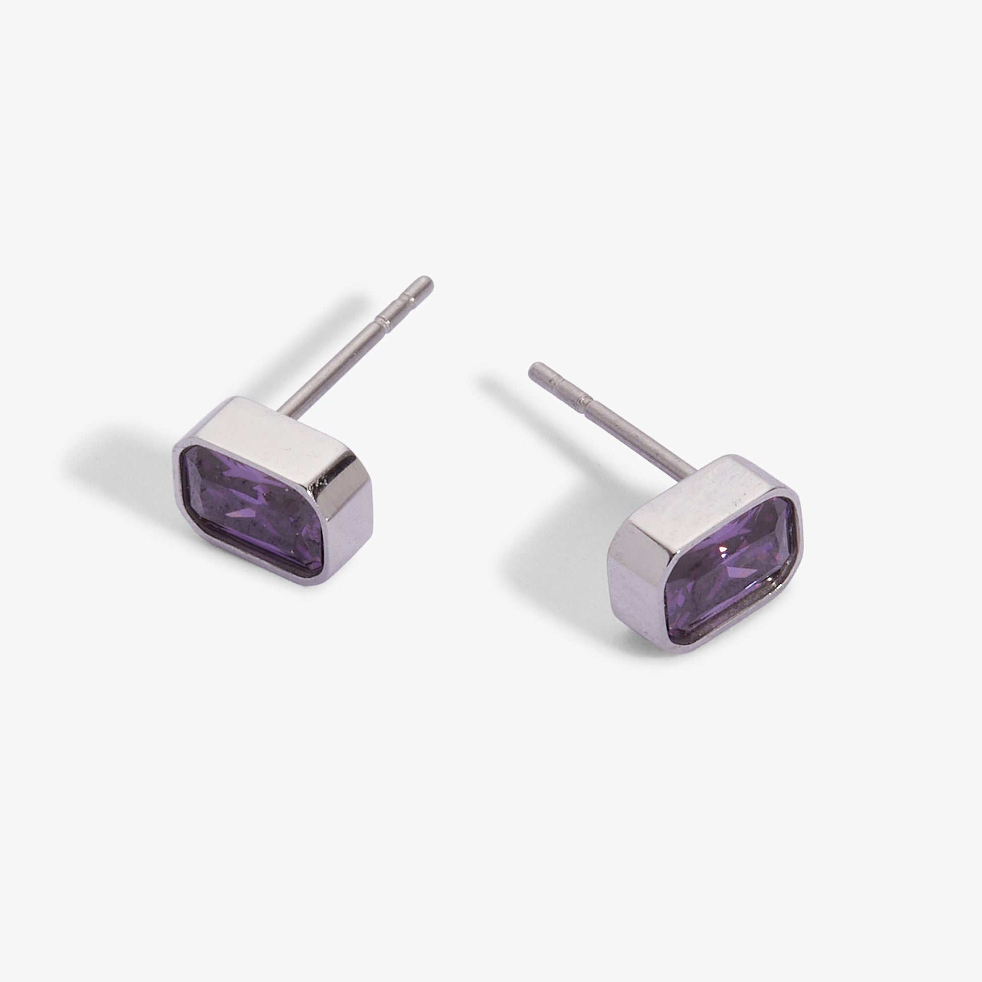 February Emerald-Cut Birthstone Stud Stainless Steel Silver