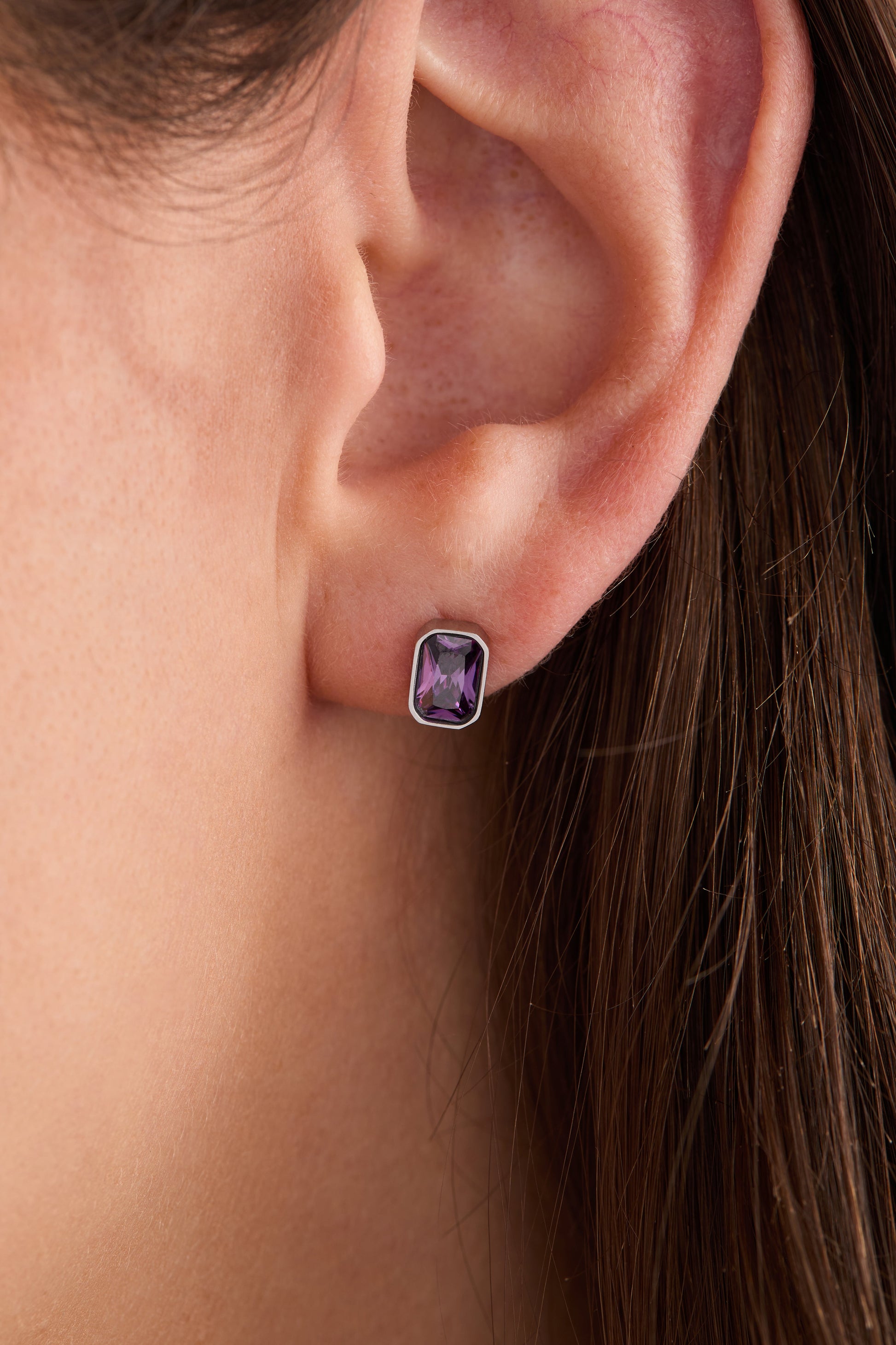 February Emerald-Cut Birthstone Stud Stainless Steel Silver