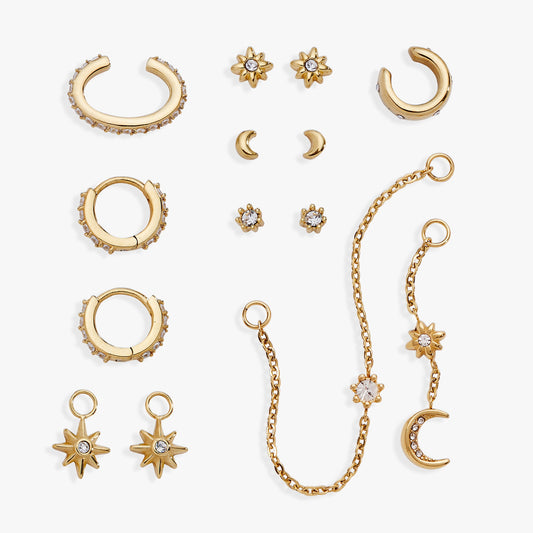 9 Pc Celestial Earring Set Stainless Steel Gold