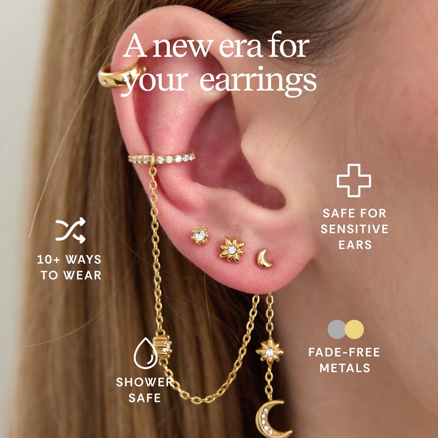 9 Pc Celestial Earring Set Stainless Steel Gold