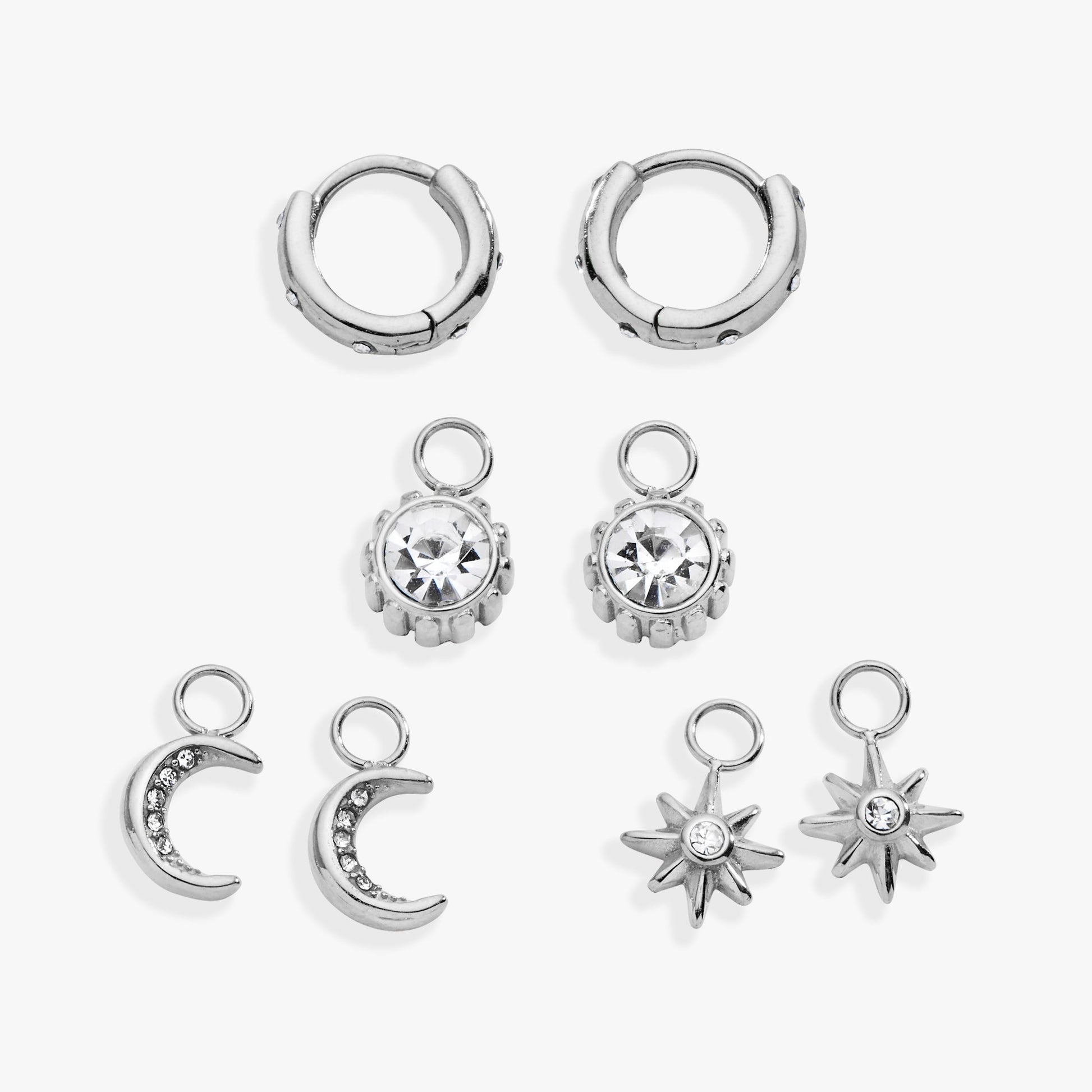 Celestial Interchangeable Huggie Set of 4 Stainless Steel Silver