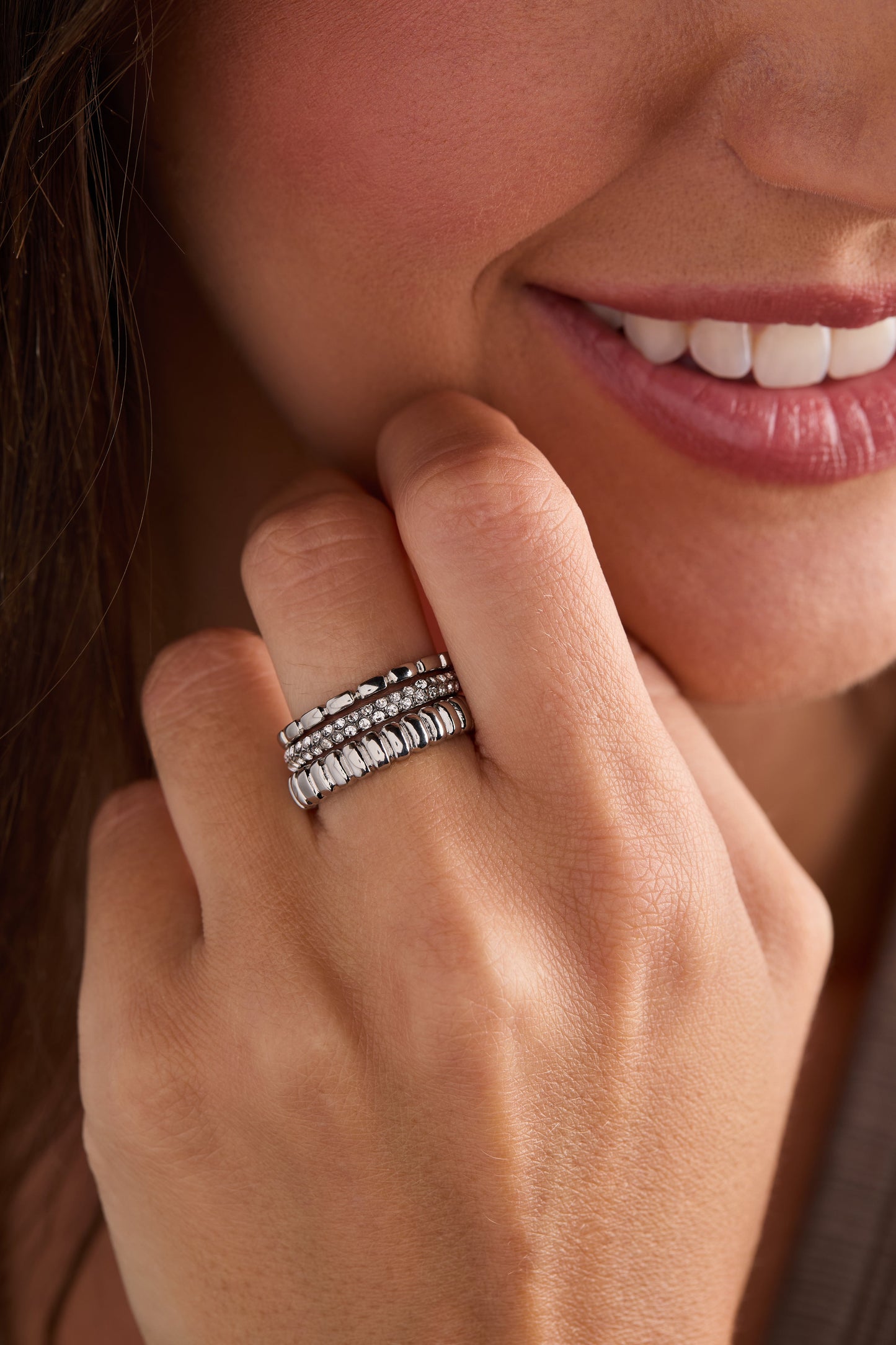 3 ring set-ribbed texture Stainless Steel Silver