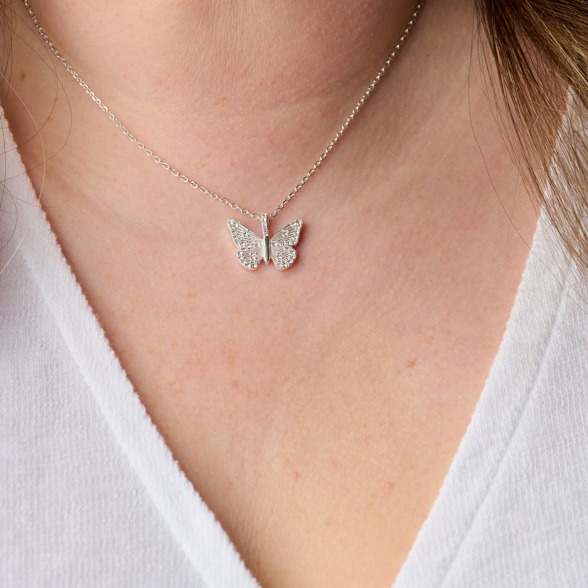 Butterfly + Crystal Necklace, Adjustable Sterling Silver