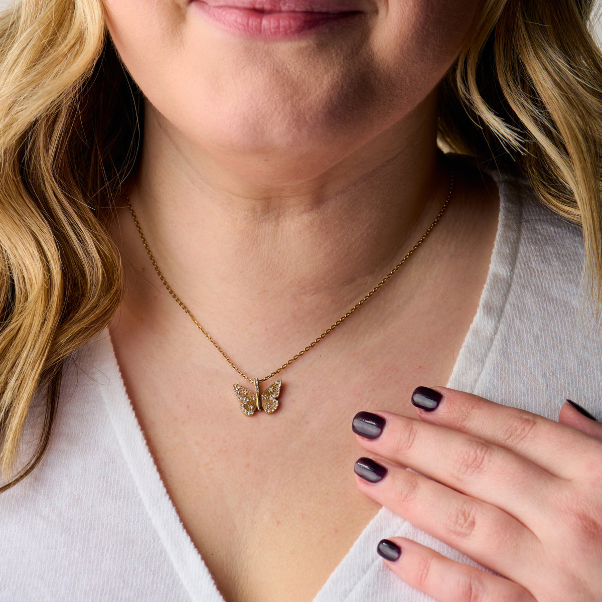 Butterfly + Crystal Necklace, Adjustable Sterling Silver