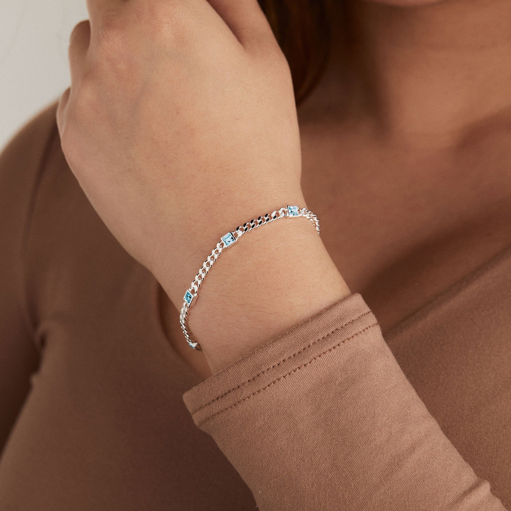 Aquamarine Curb Chain Bracelet, March Birthstone Silver
