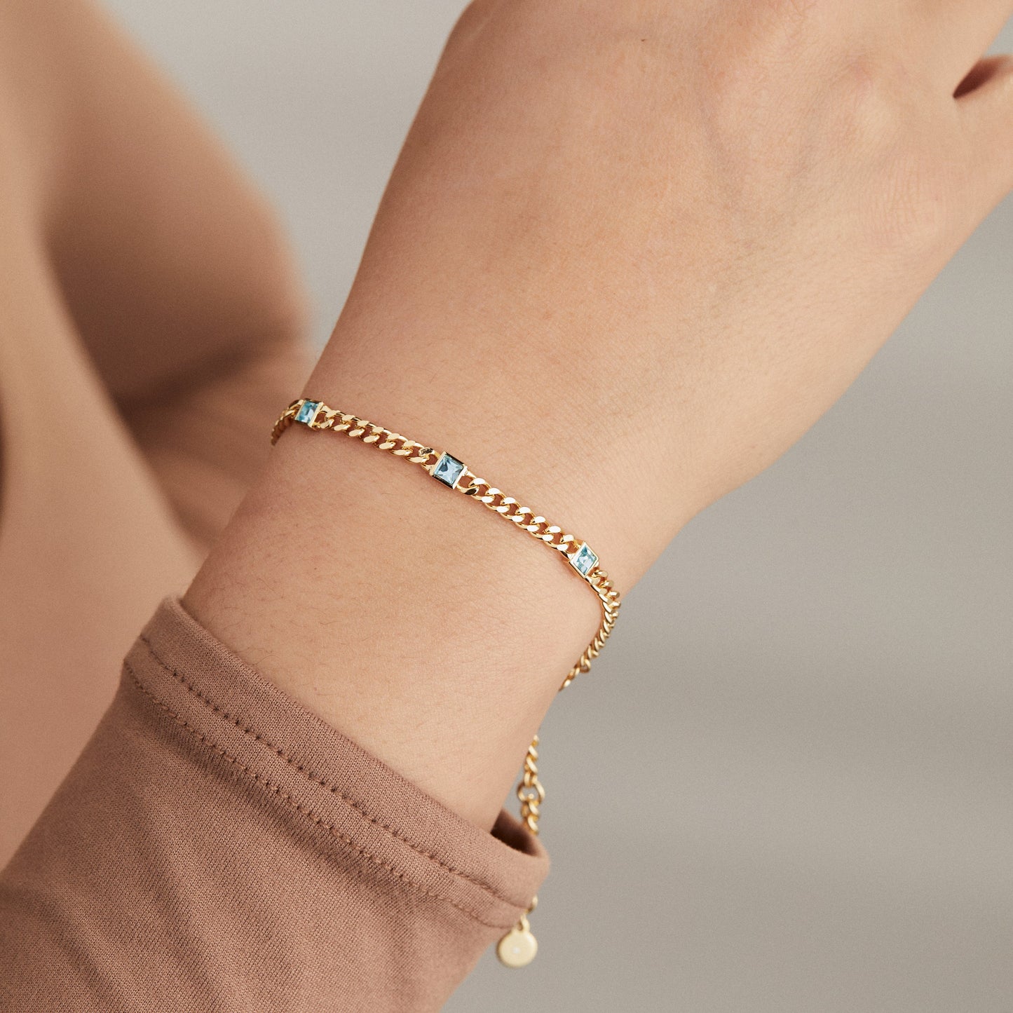 Aquamarine Curb Chain Bracelet, March Birthstone Silver