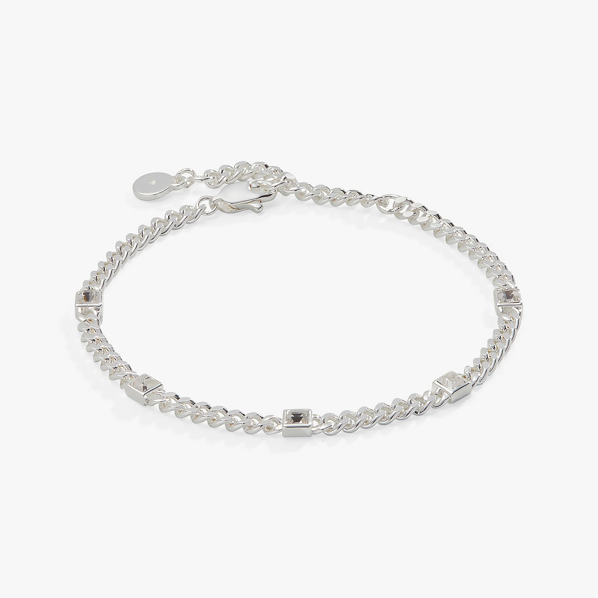 Clear Crystal Curb Chain Bracelet, April Birthstone Silver