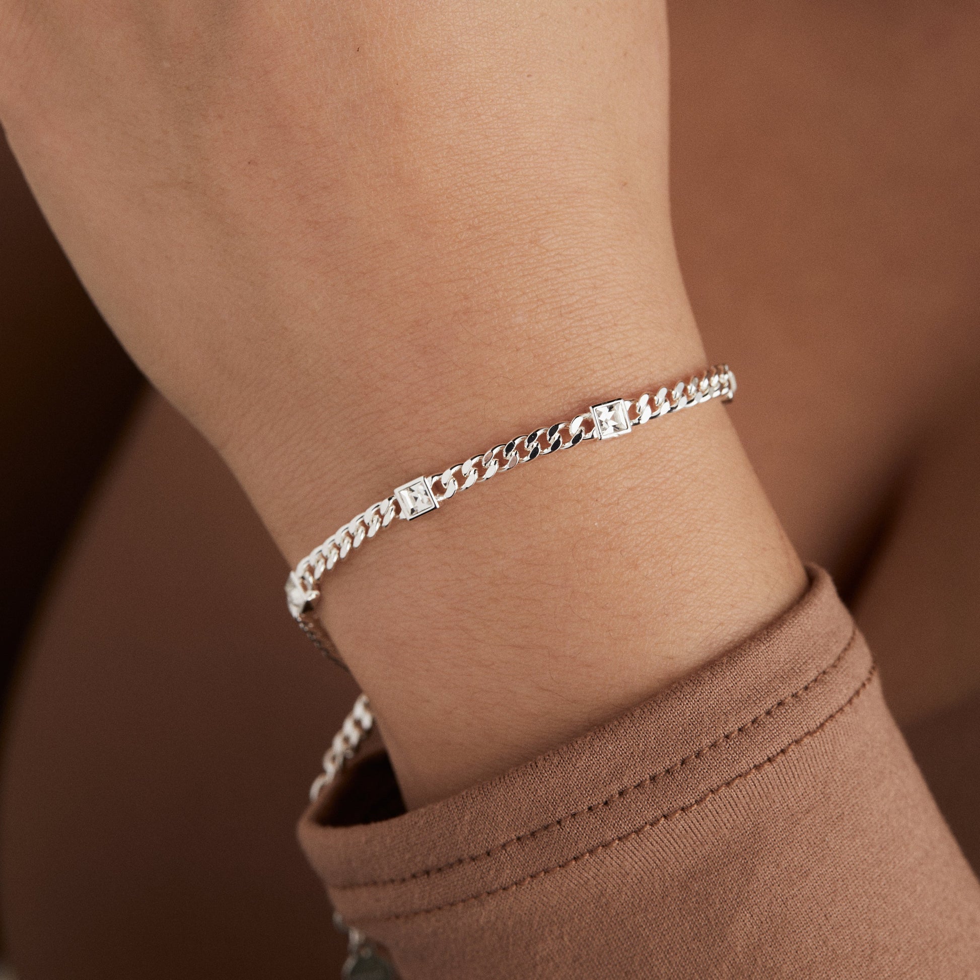 Clear Crystal Curb Chain Bracelet, April Birthstone Silver