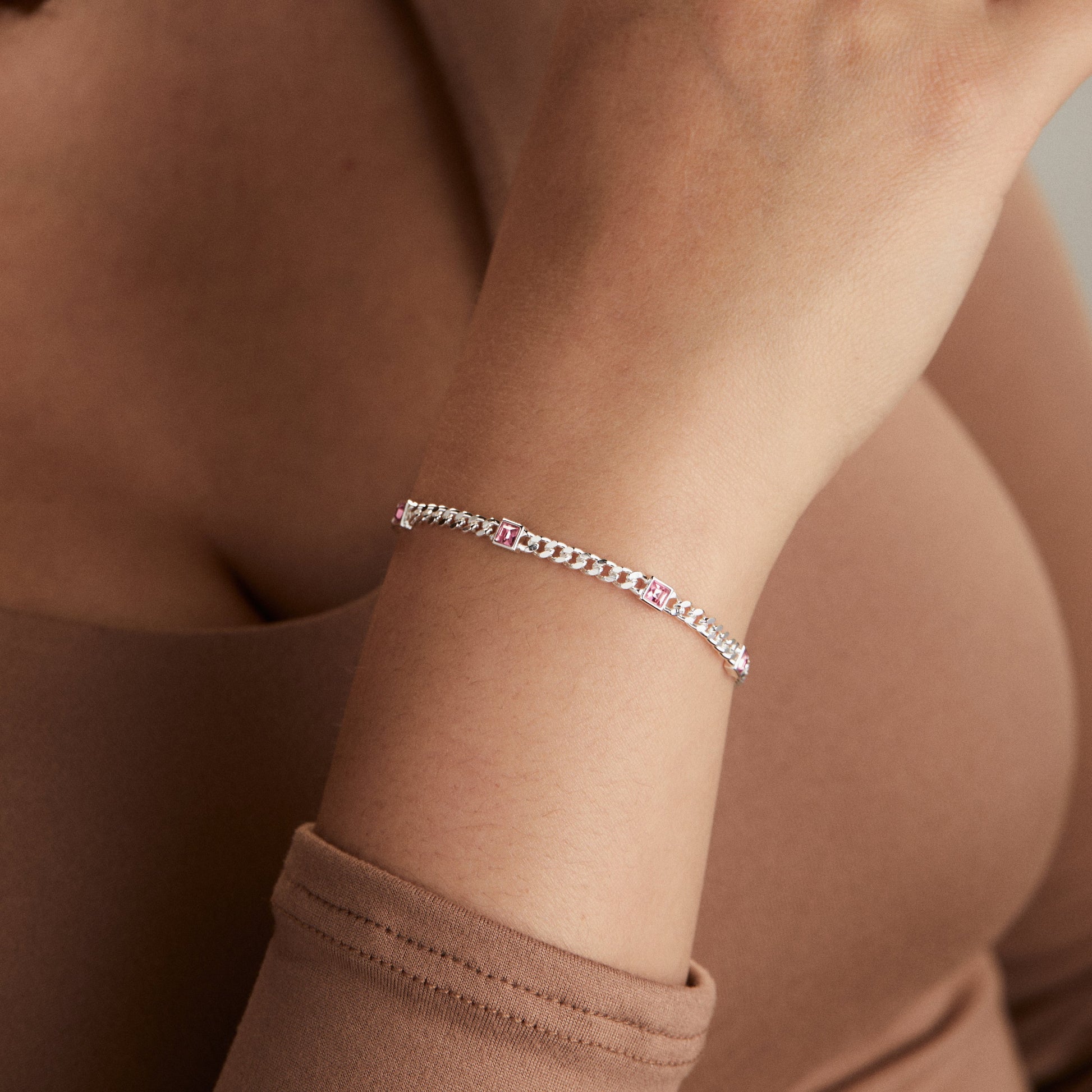 Rose Curb Chain Bracelet, October Birthstone Silver