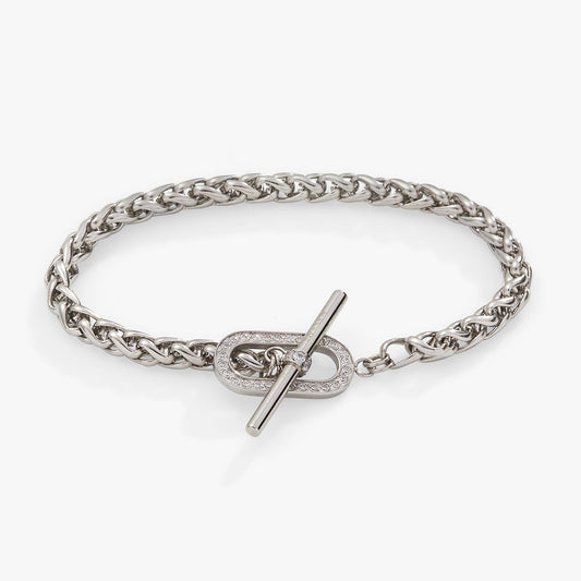Wheat Chain Pavé Crystal Toggle Bracelet Stainless Steel Silver