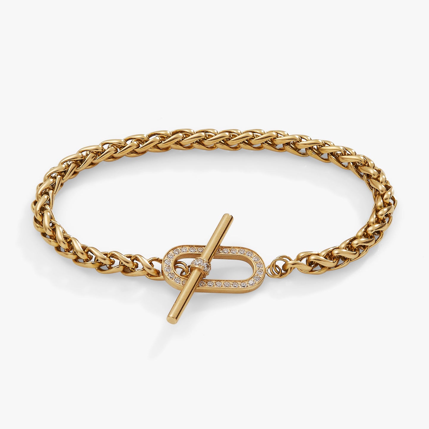 Wheat Chain Pavé Crystal Toggle Bracelet Stainless Steel Silver