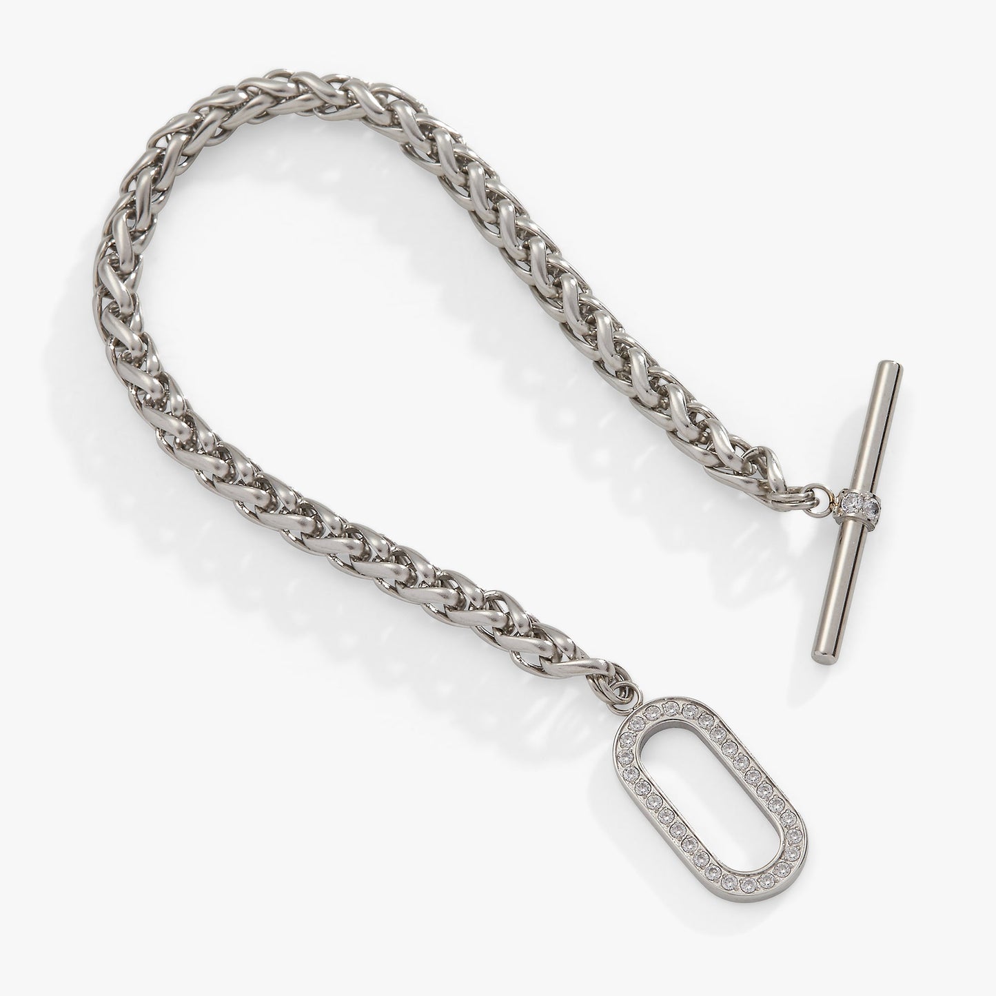 Wheat Chain Pavé Crystal Toggle Bracelet Stainless Steel Silver