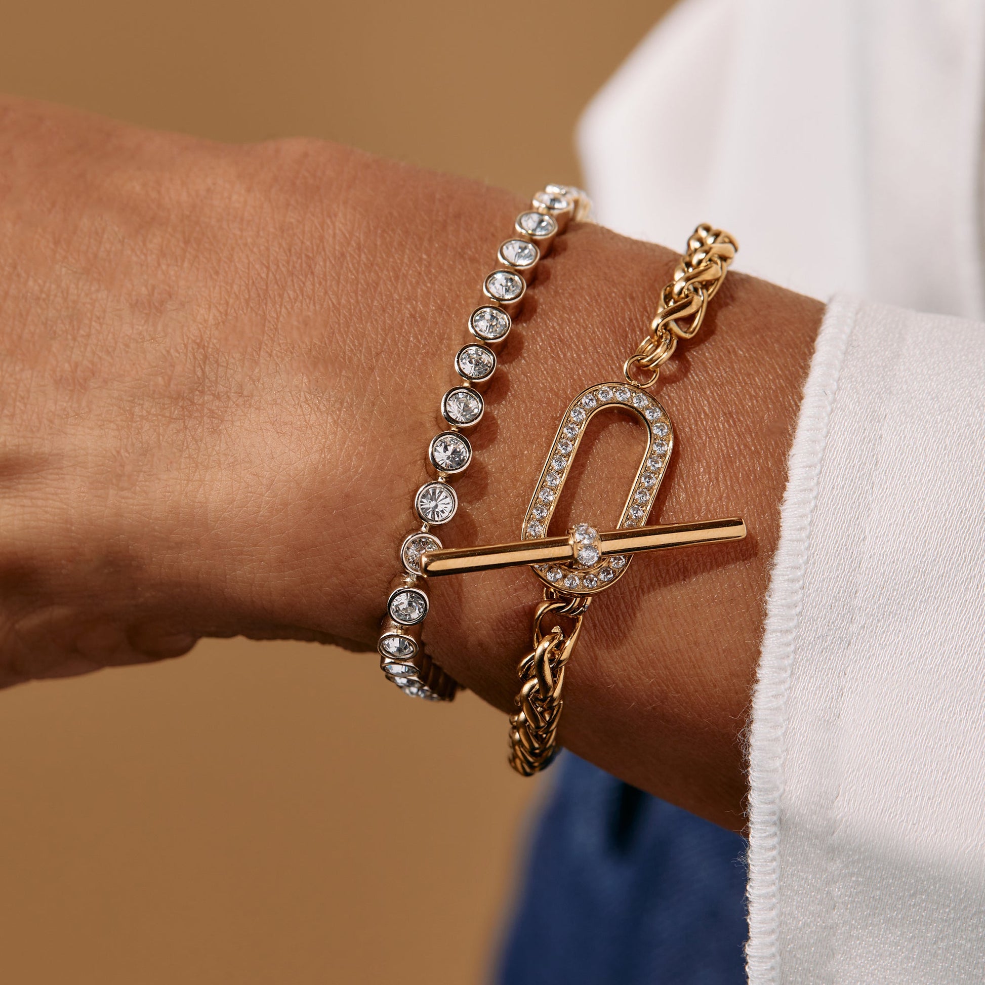 Wheat Chain Pavé Crystal Toggle Bracelet Stainless Steel Silver