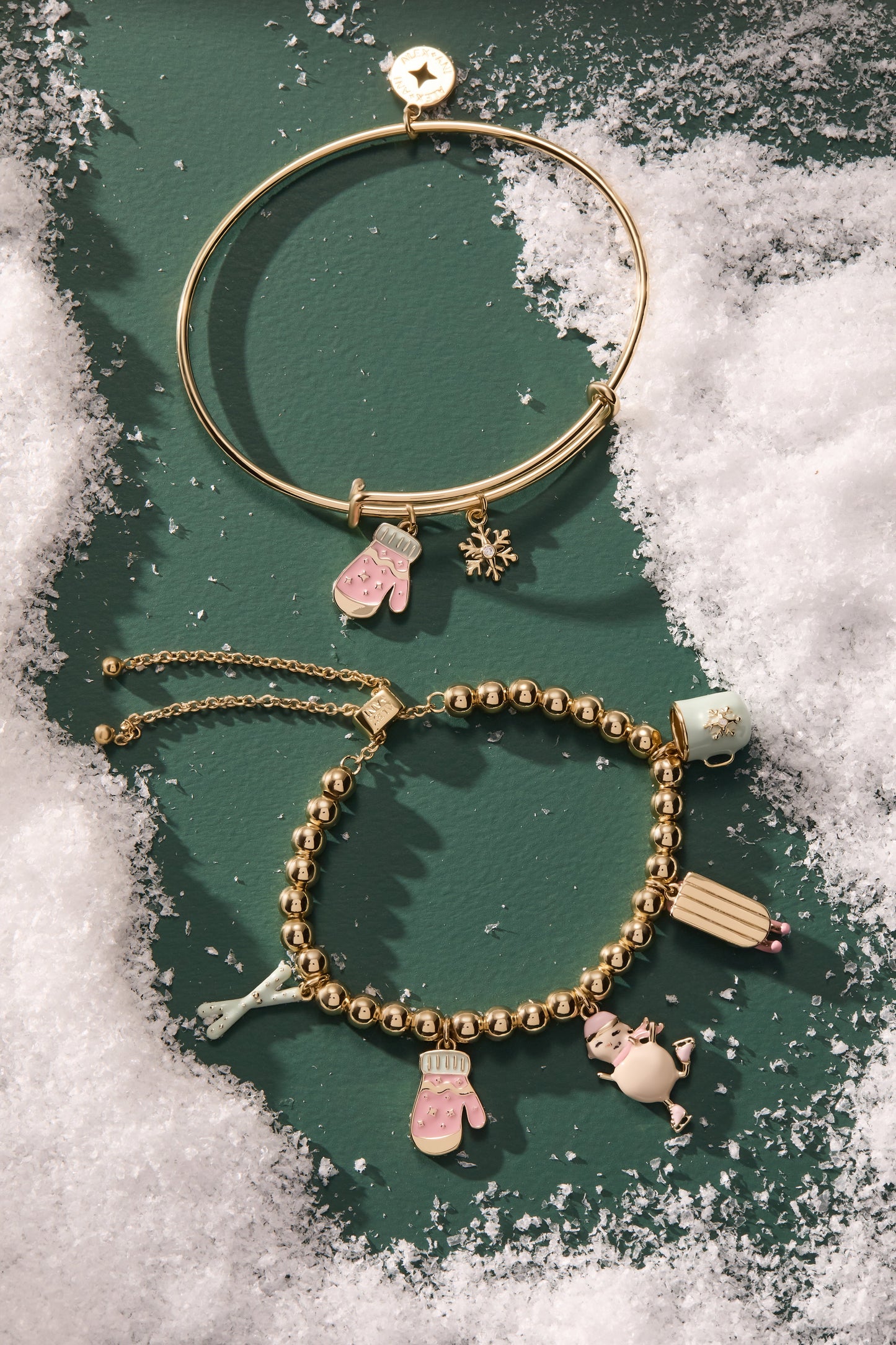 Winter Wonderland Mitten Duo Charm Bangle Gold