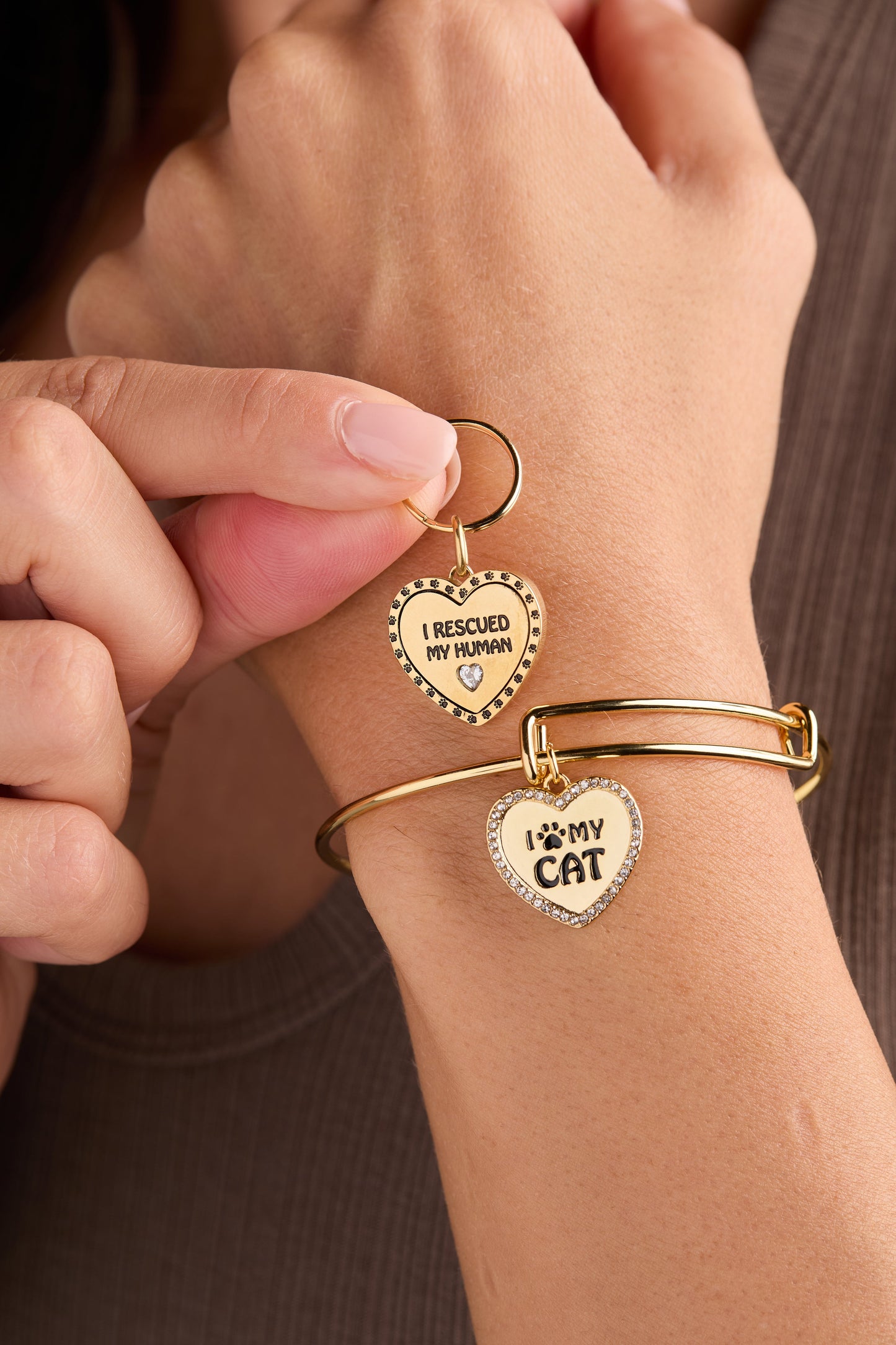 I Love My Cat Bangle & Charm, Set of 2 Gold