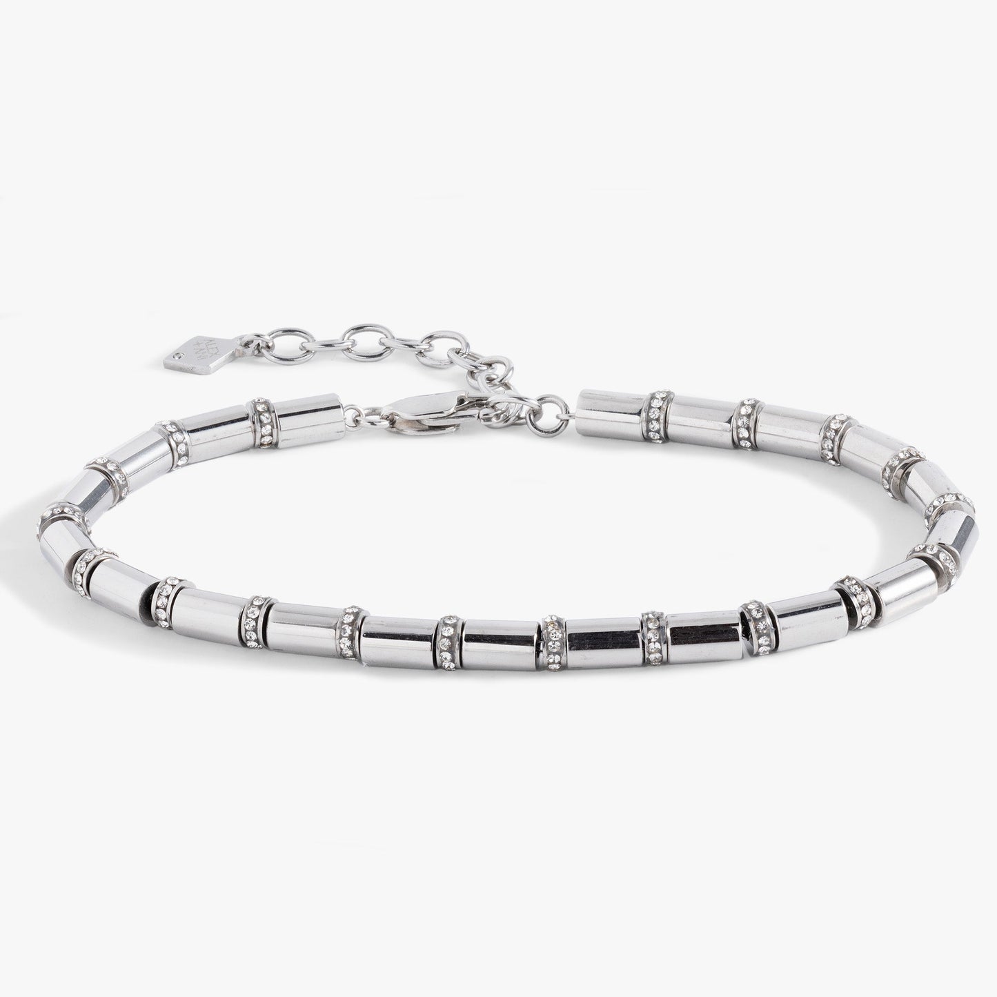 Tube Bead and Crystal Chain Bracelet Stainless Steel Gold