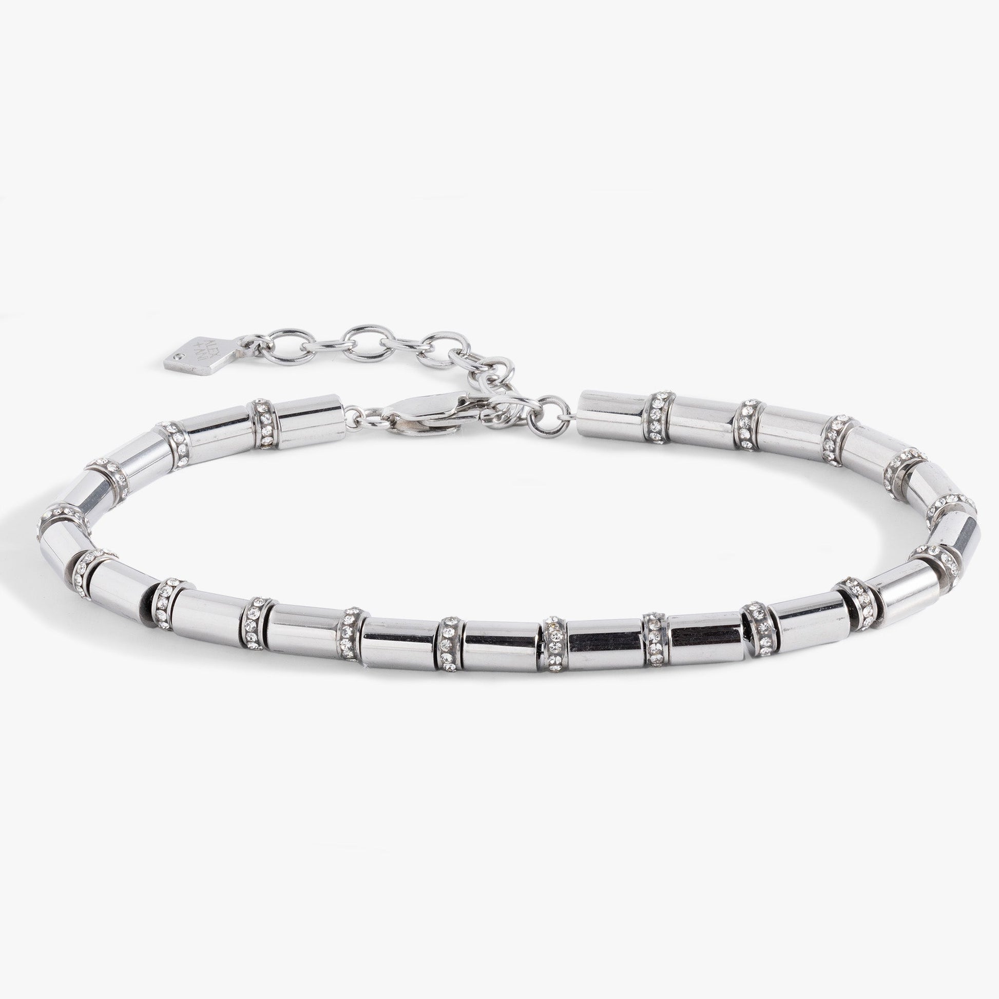 Tube Bead and Crystal Chain Bracelet Stainless Steel Gold
