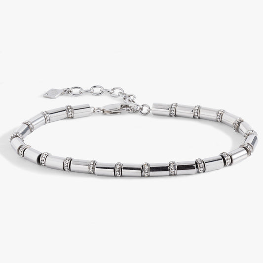 Tube Bead and Crystal Chain Bracelet Stainless Steel Gold