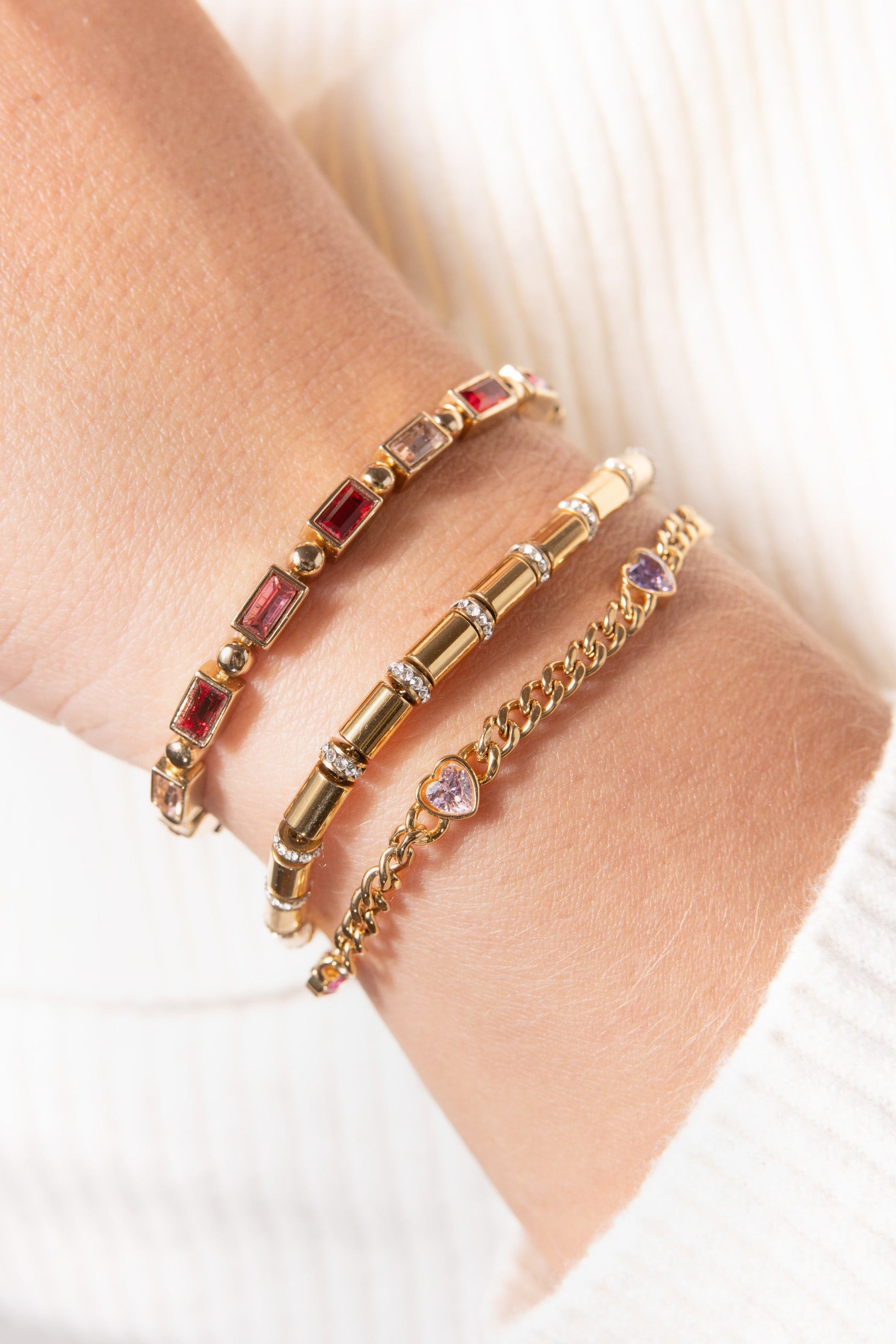 Tube Bead and Crystal Chain Bracelet Stainless Steel Gold